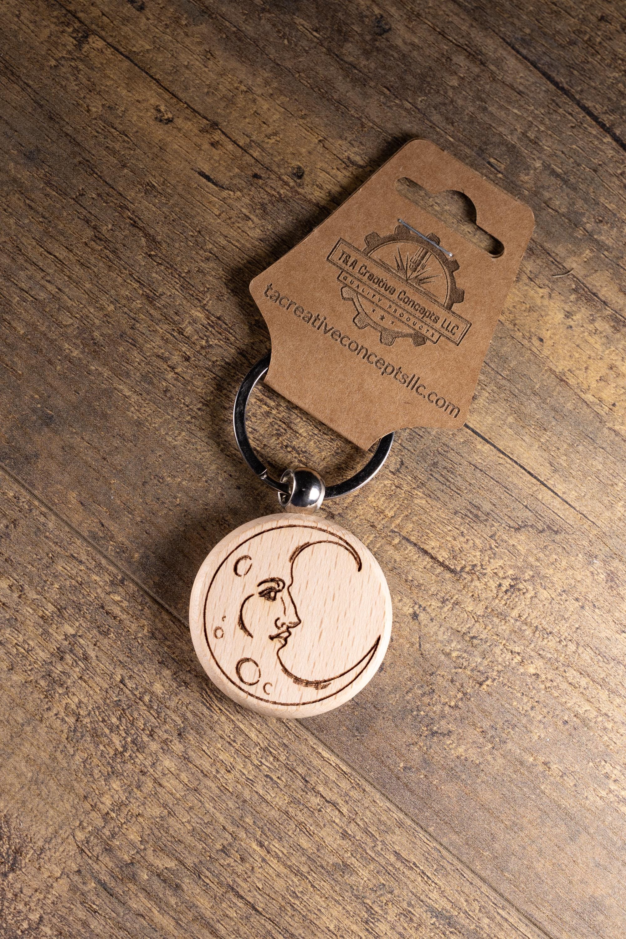 Laser Engraved Moon Keychain / Bag Charm – Hardwood with Stainless Hardware – Celestial Lover Gift