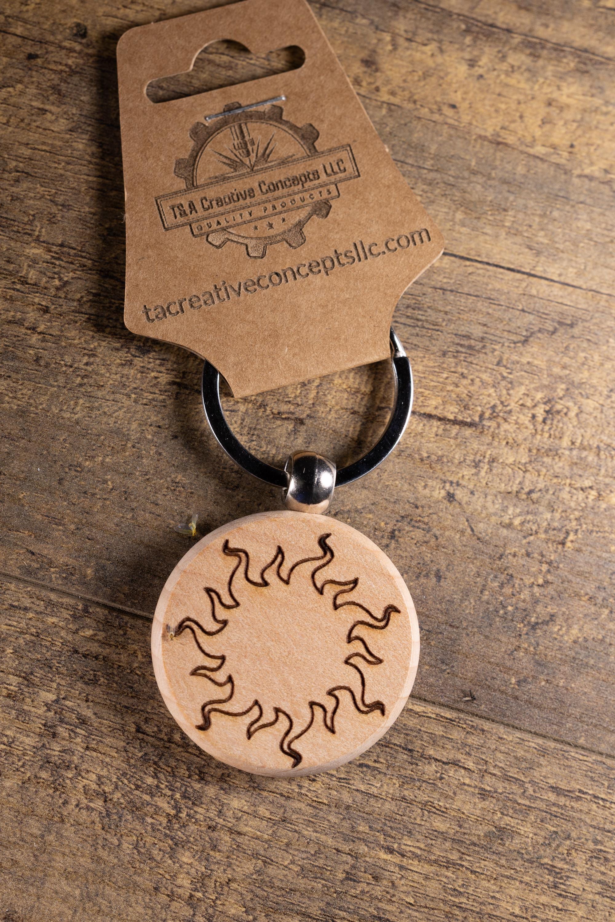 Laser Engraved Wood Sun Keychain / Bag Charm – Hardwood with Stainless Hardware – Celestial Sunshine Gift