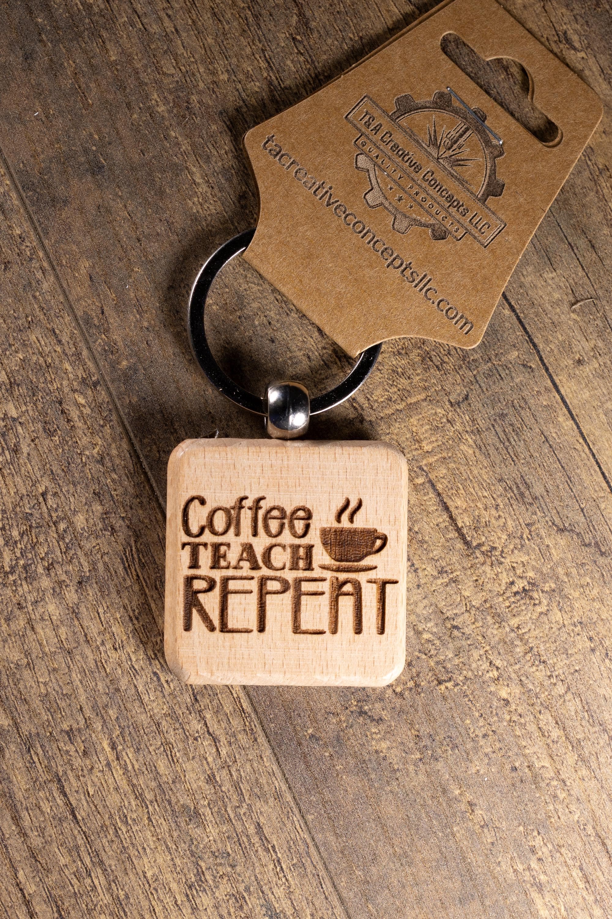 Laser Engraved Wood “Coffee Teach Repeat” Keychain / Bag Charm – Hardwood with Stainless Hardware – Teacher Gift
