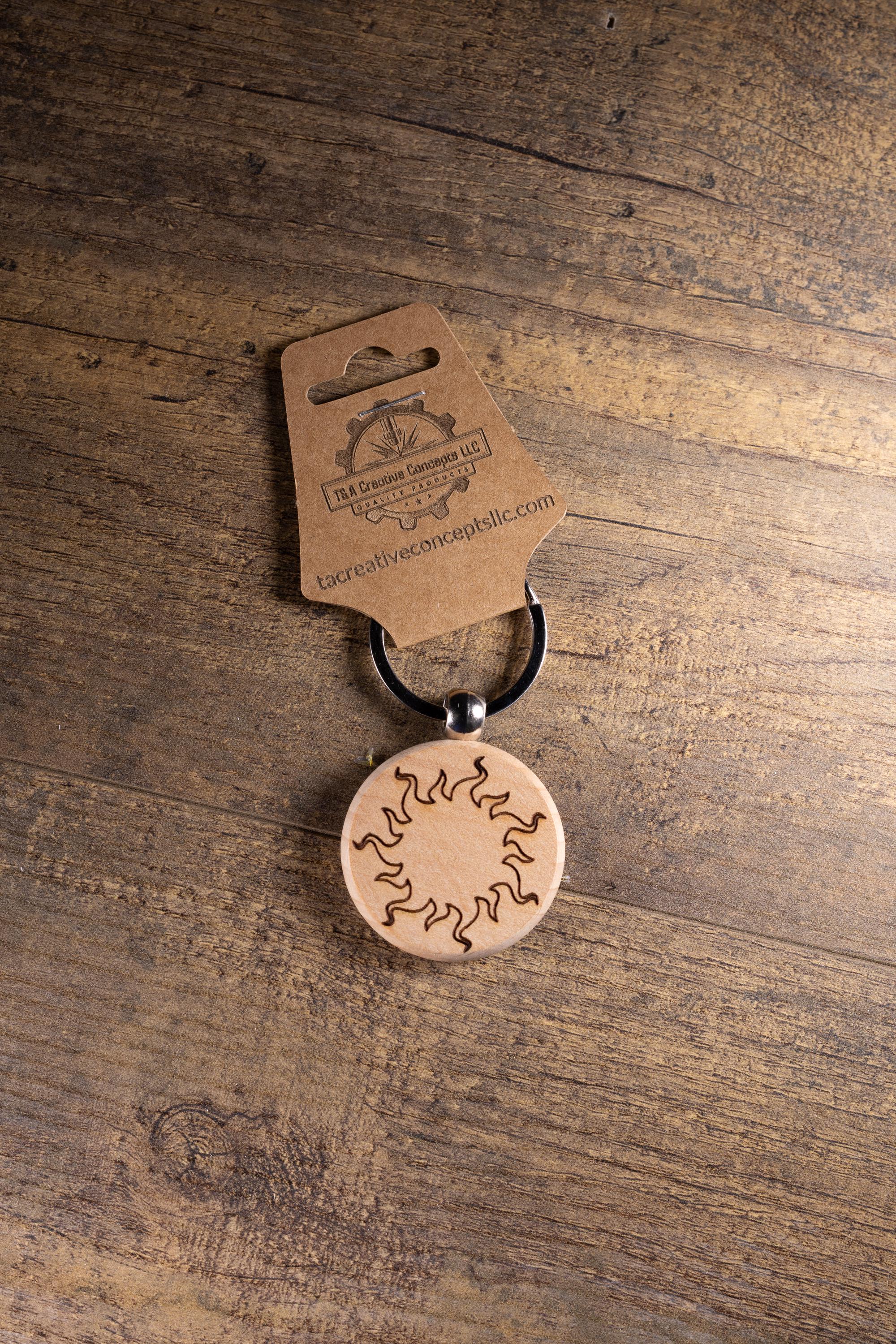 Laser Engraved Wood Sun Keychain / Bag Charm – Hardwood with Stainless Hardware – Celestial Sunshine Gift