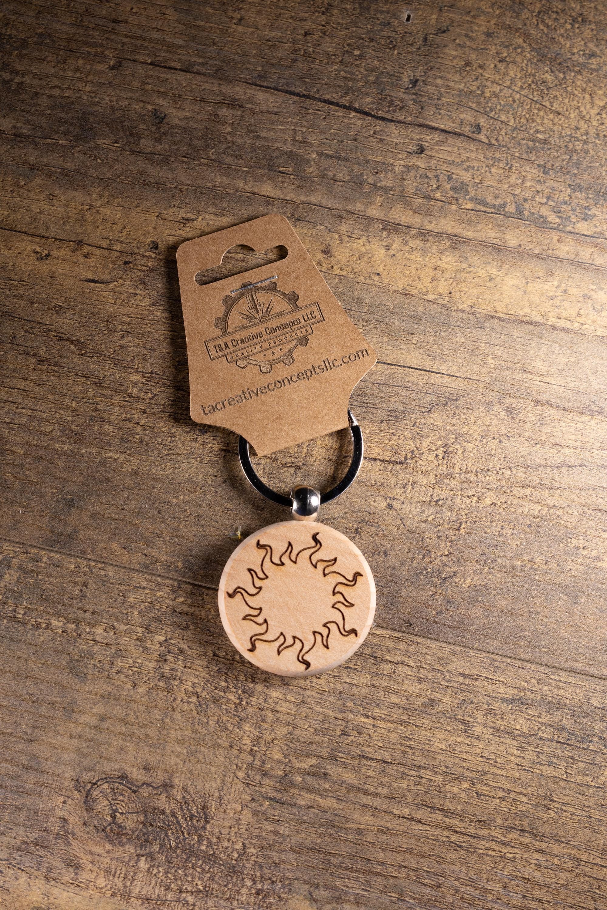 Laser Engraved Wood Sun Keychain / Bag Charm – Hardwood with Stainless Hardware – Celestial Sunshine Gift