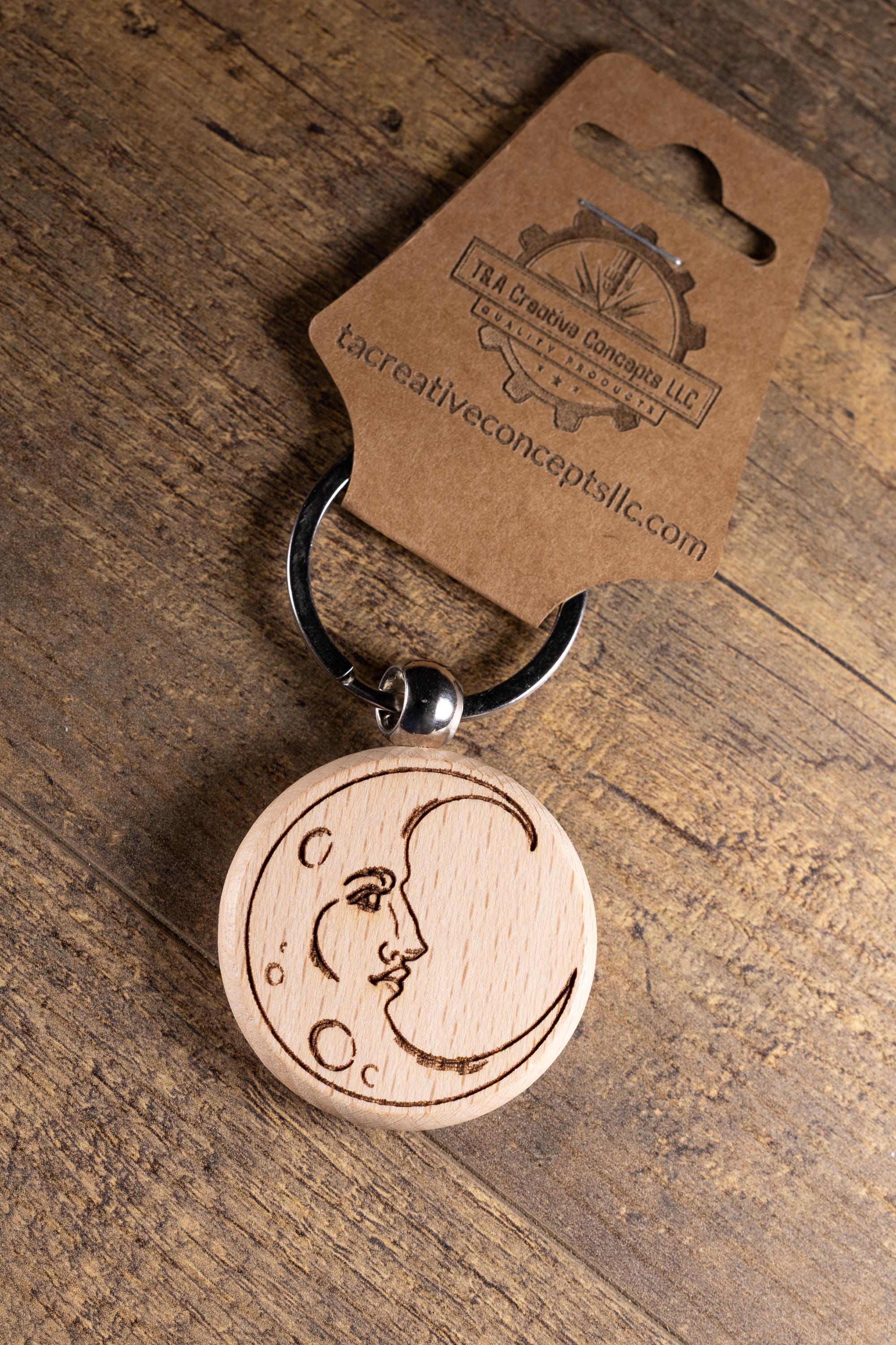 Laser Engraved Moon Keychain / Bag Charm – Hardwood with Stainless Hardware – Celestial Lover Gift
