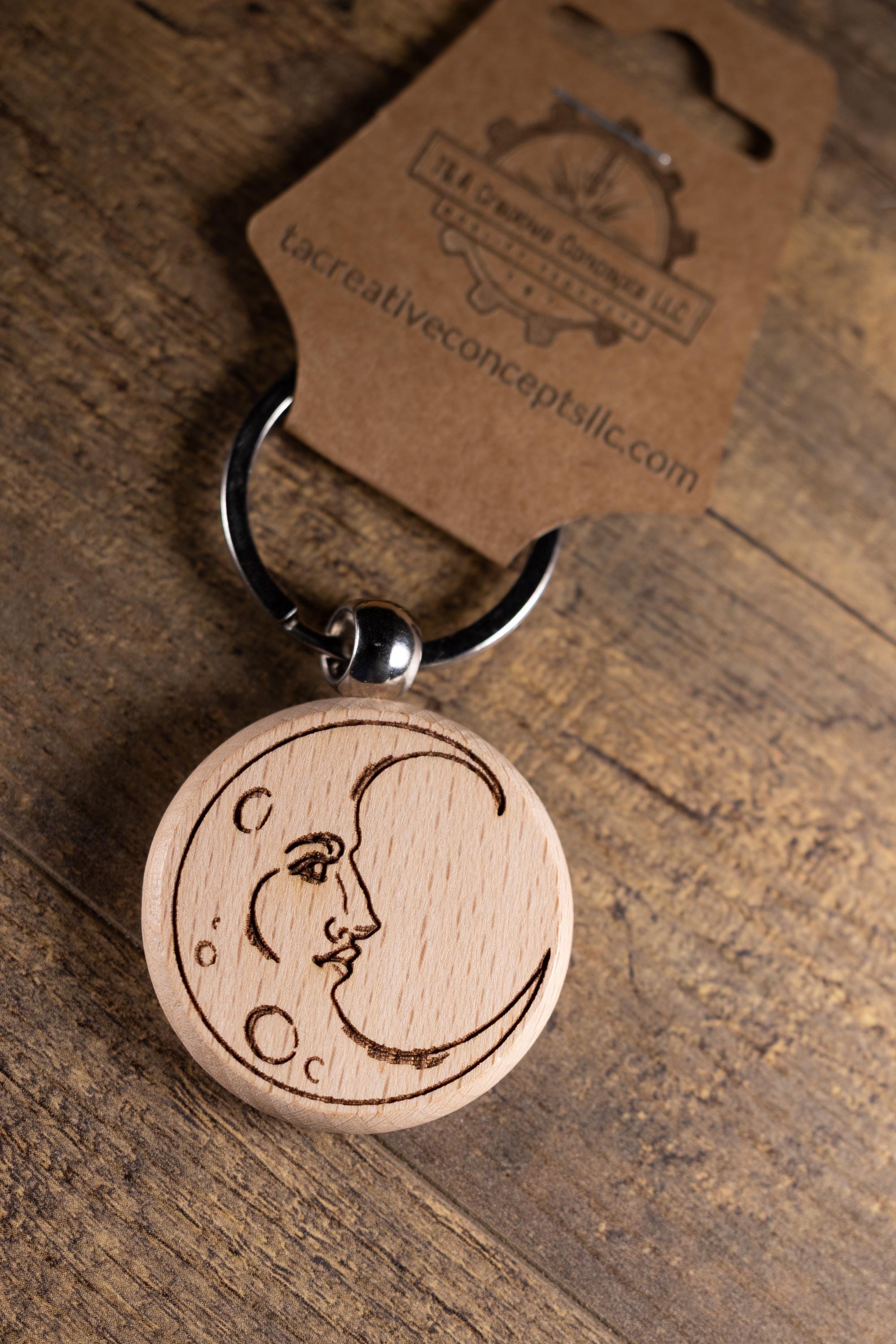 Laser Engraved Moon Keychain / Bag Charm – Hardwood with Stainless Hardware – Celestial Lover Gift