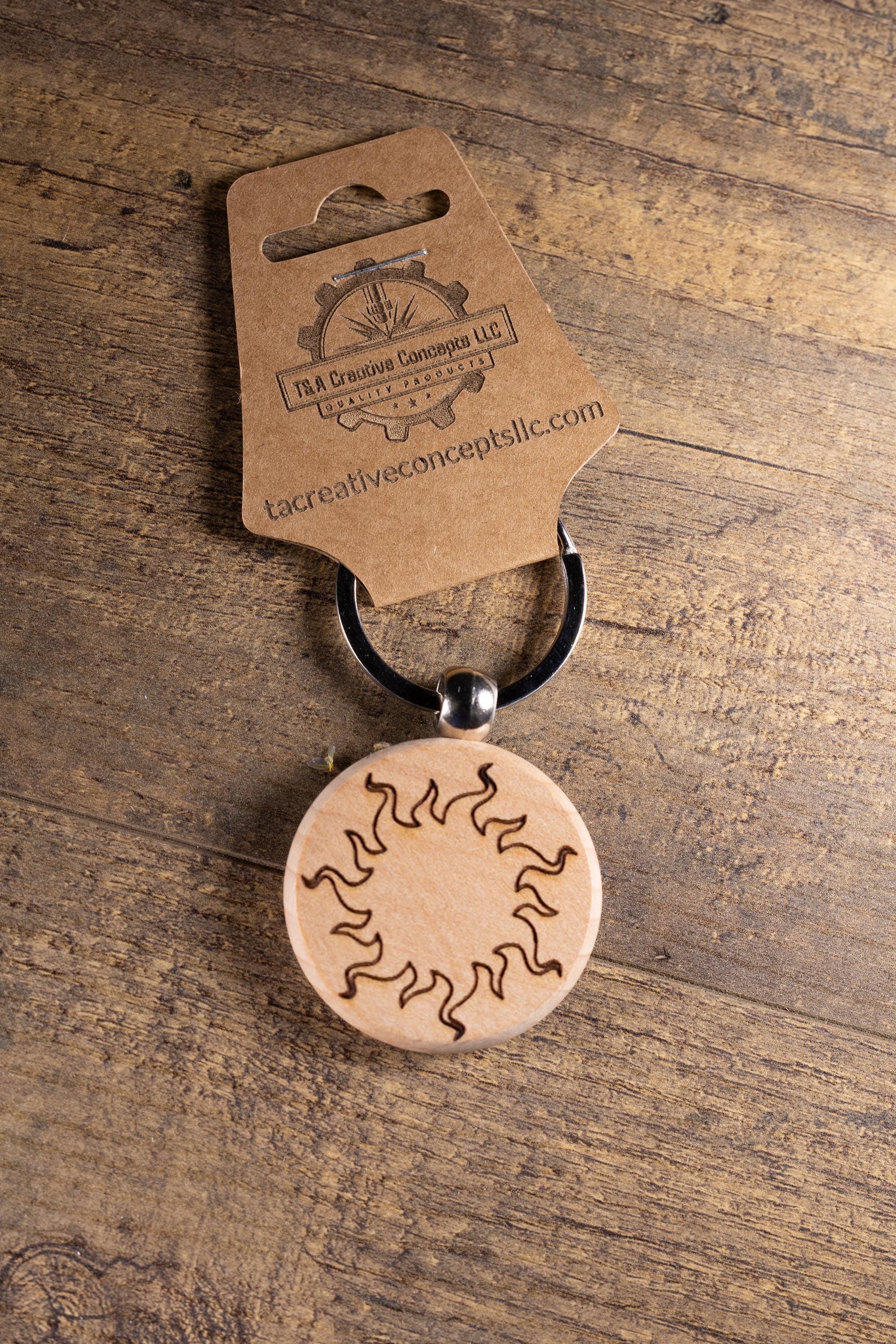 Laser Engraved Wood Sun Keychain / Bag Charm – Hardwood with Stainless Hardware – Celestial Sunshine Gift