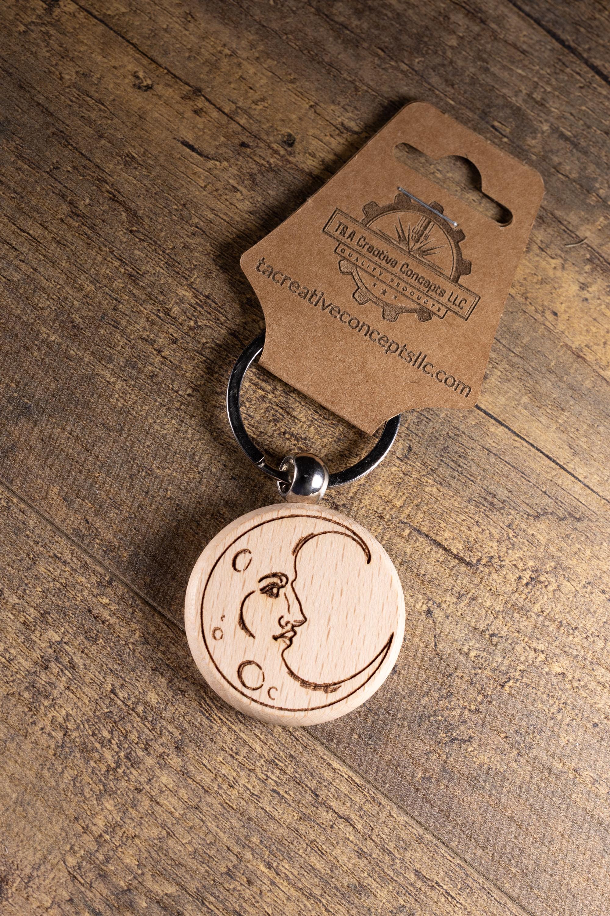 Laser Engraved Moon Keychain / Bag Charm – Hardwood with Stainless Hardware – Celestial Lover Gift