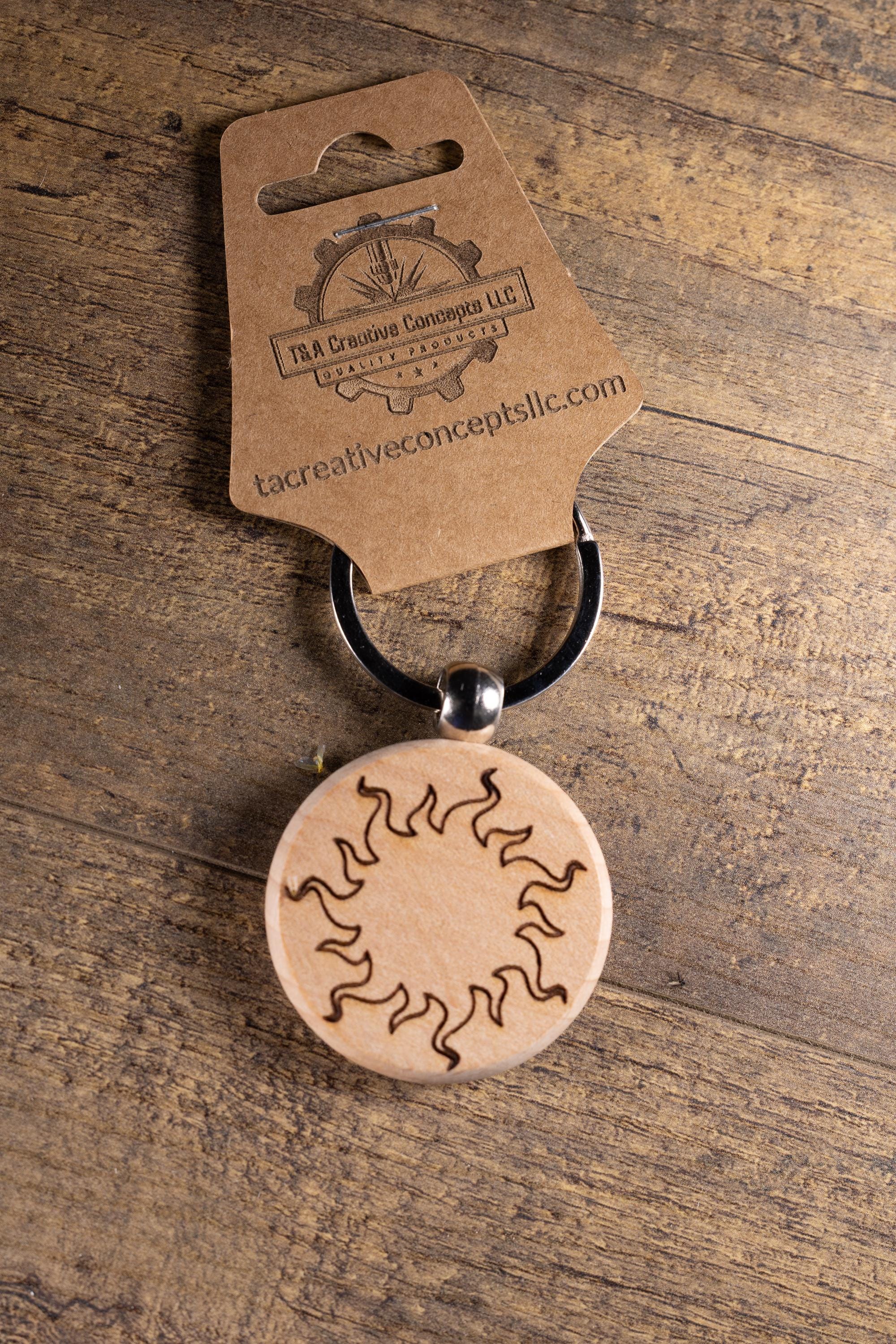 Laser Engraved Wood Sun Keychain / Bag Charm – Hardwood with Stainless Hardware – Celestial Sunshine Gift