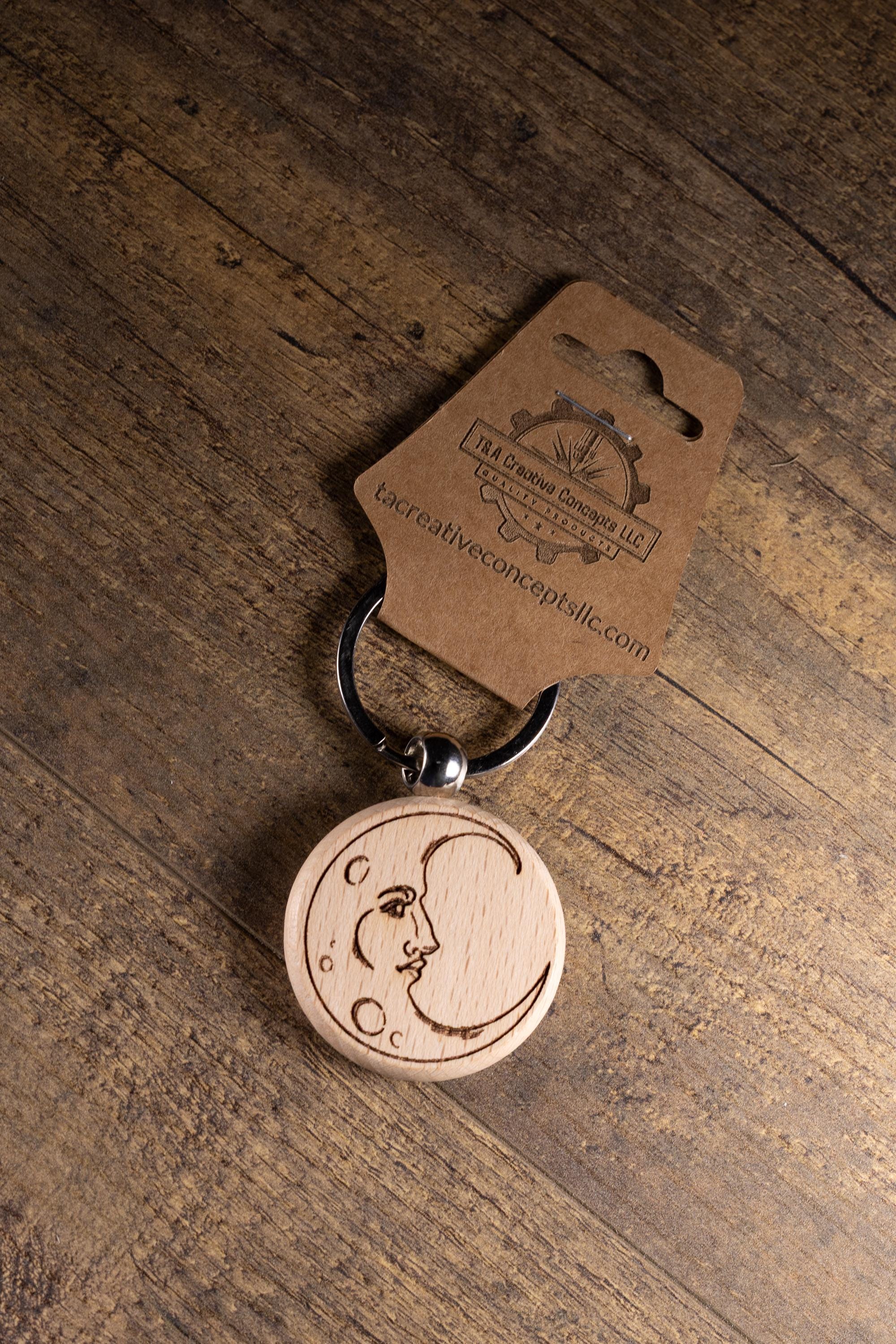 Laser Engraved Moon Keychain / Bag Charm – Hardwood with Stainless Hardware – Celestial Lover Gift