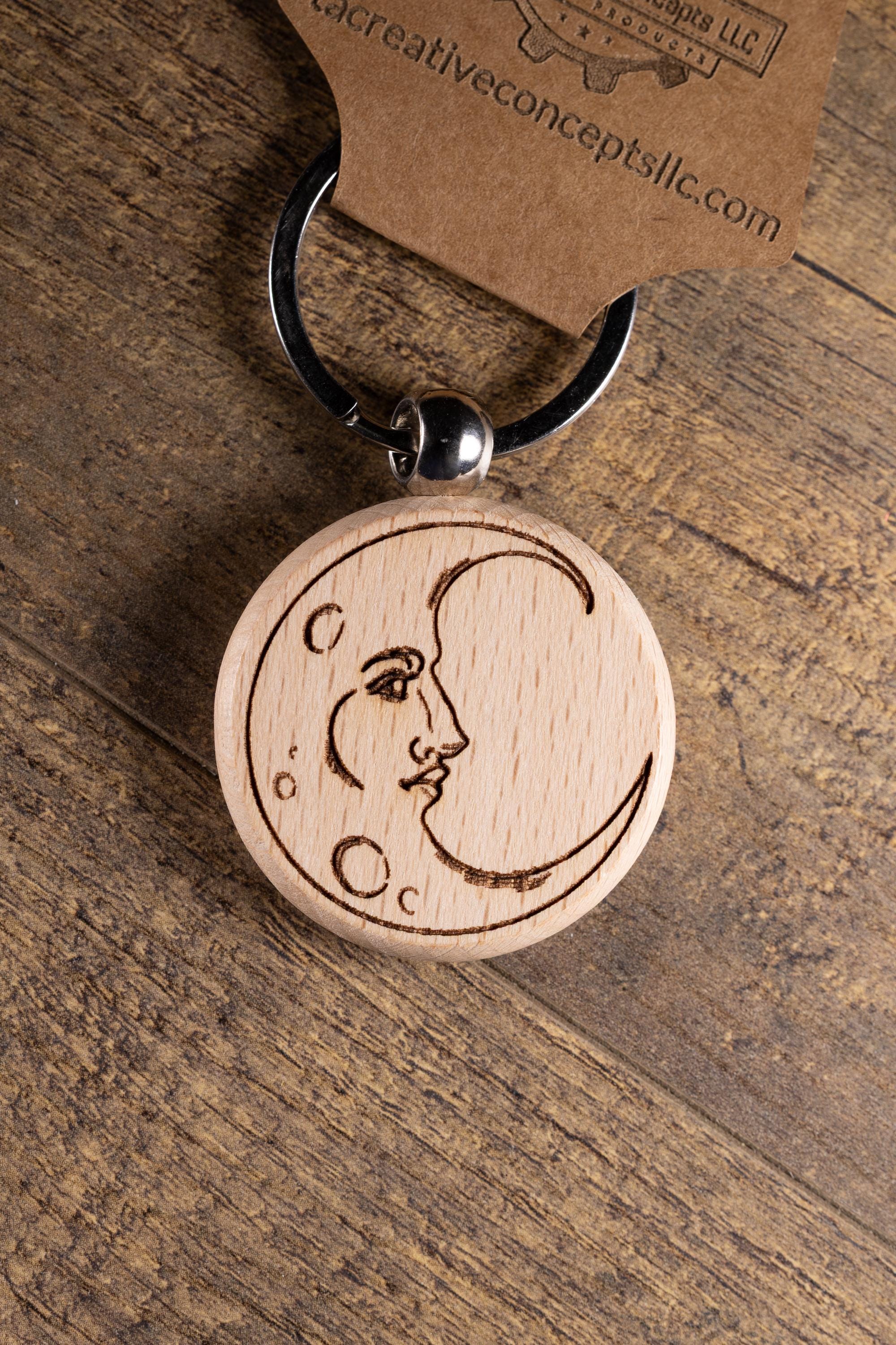Laser Engraved Moon Keychain / Bag Charm – Hardwood with Stainless Hardware – Celestial Lover Gift