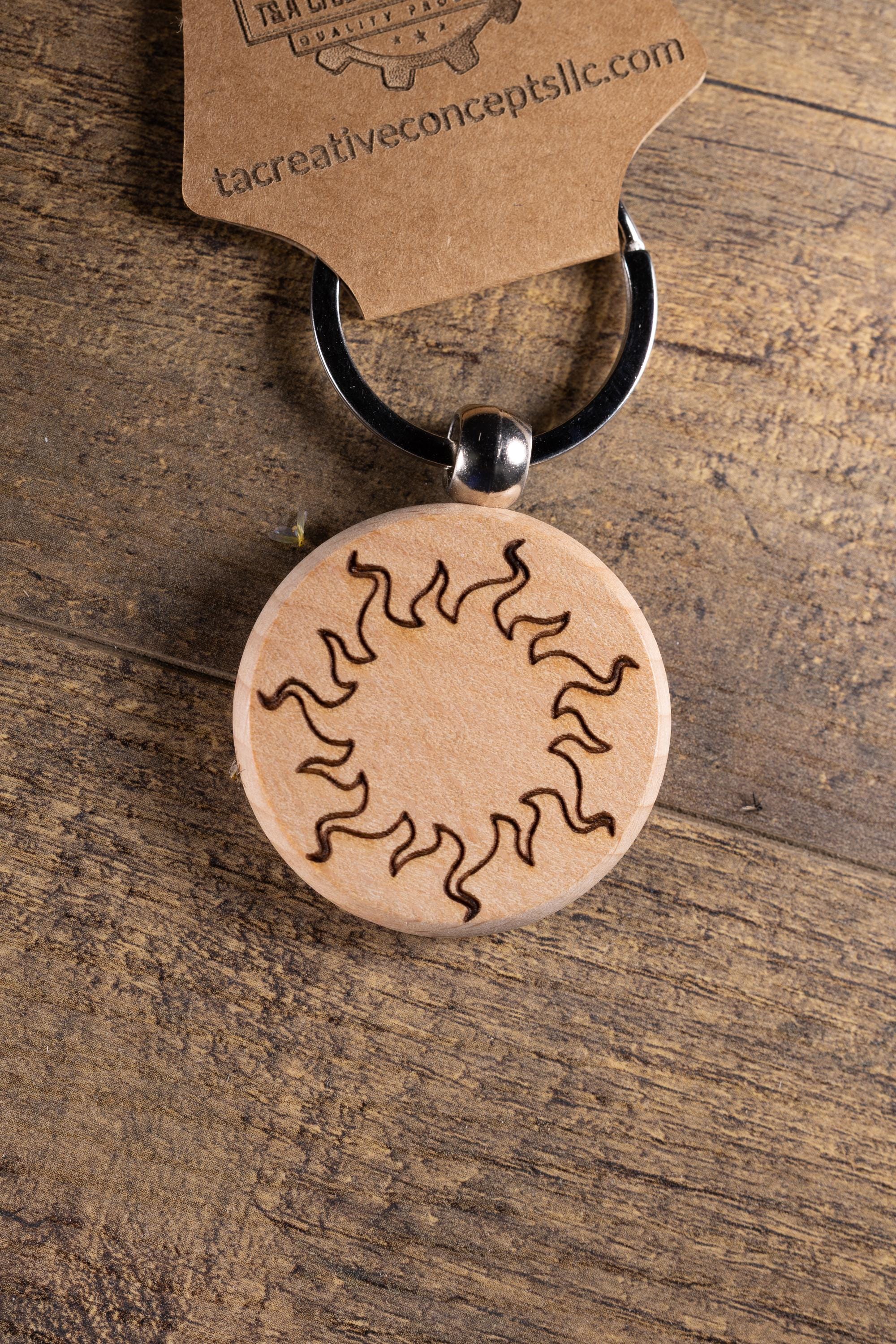 Laser Engraved Wood Sun Keychain / Bag Charm – Hardwood with Stainless Hardware – Celestial Sunshine Gift