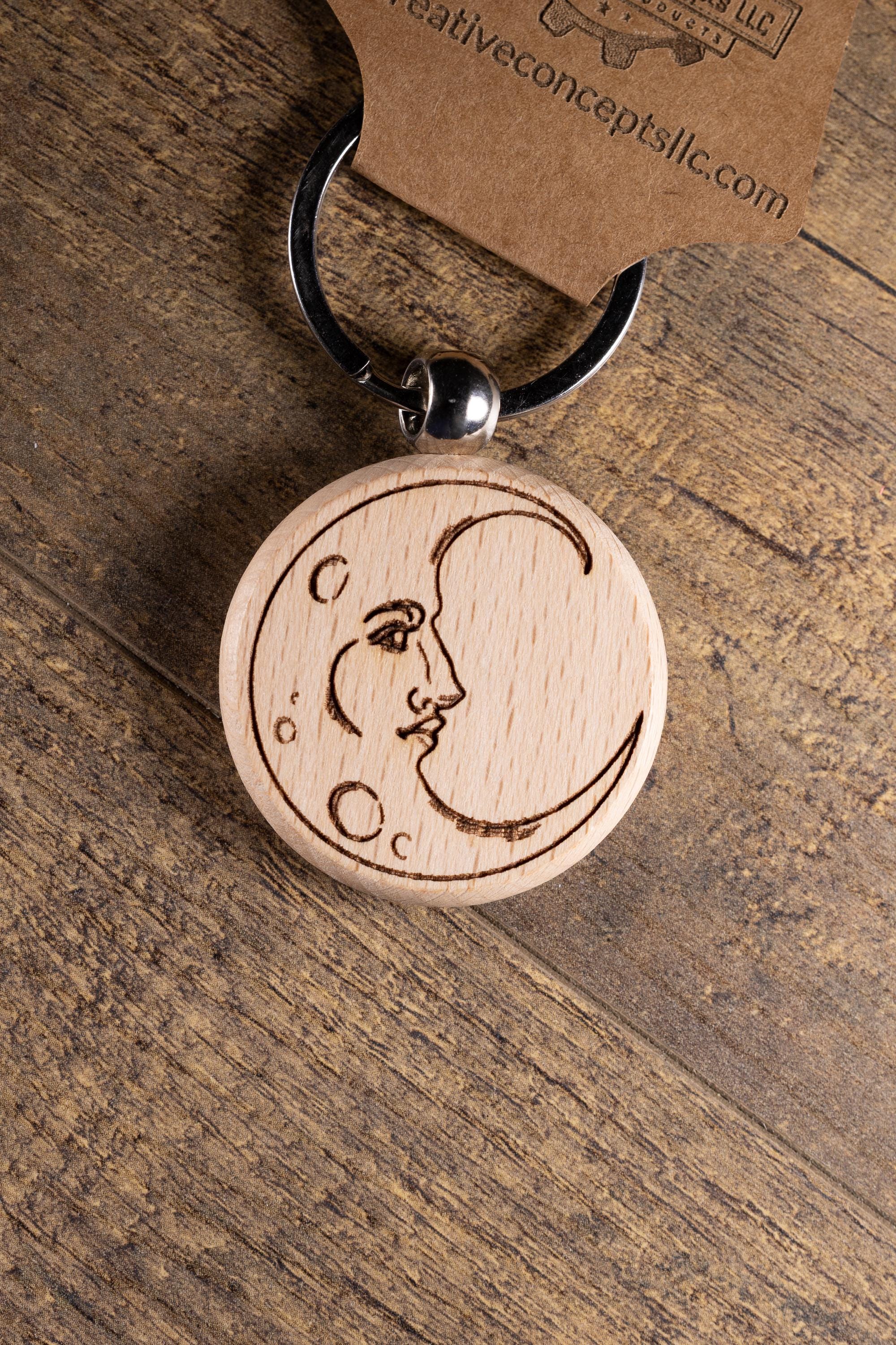 Laser Engraved Moon Keychain / Bag Charm – Hardwood with Stainless Hardware – Celestial Lover Gift