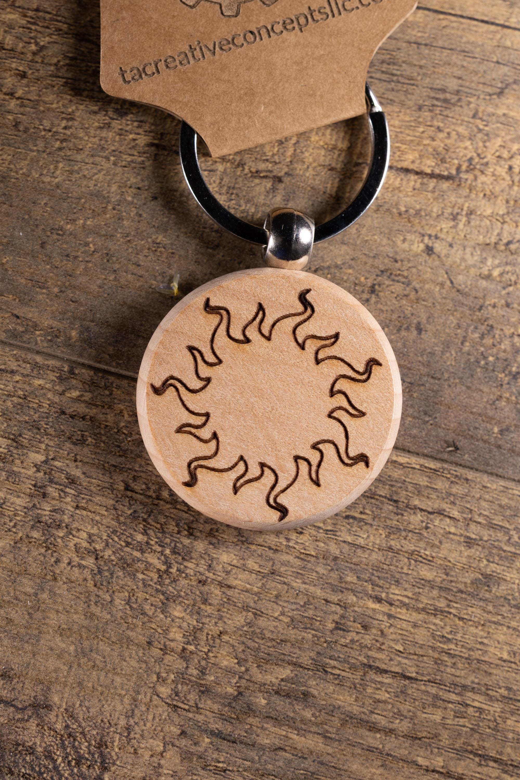 Laser Engraved Wood Sun Keychain / Bag Charm – Hardwood with Stainless Hardware – Celestial Sunshine Gift