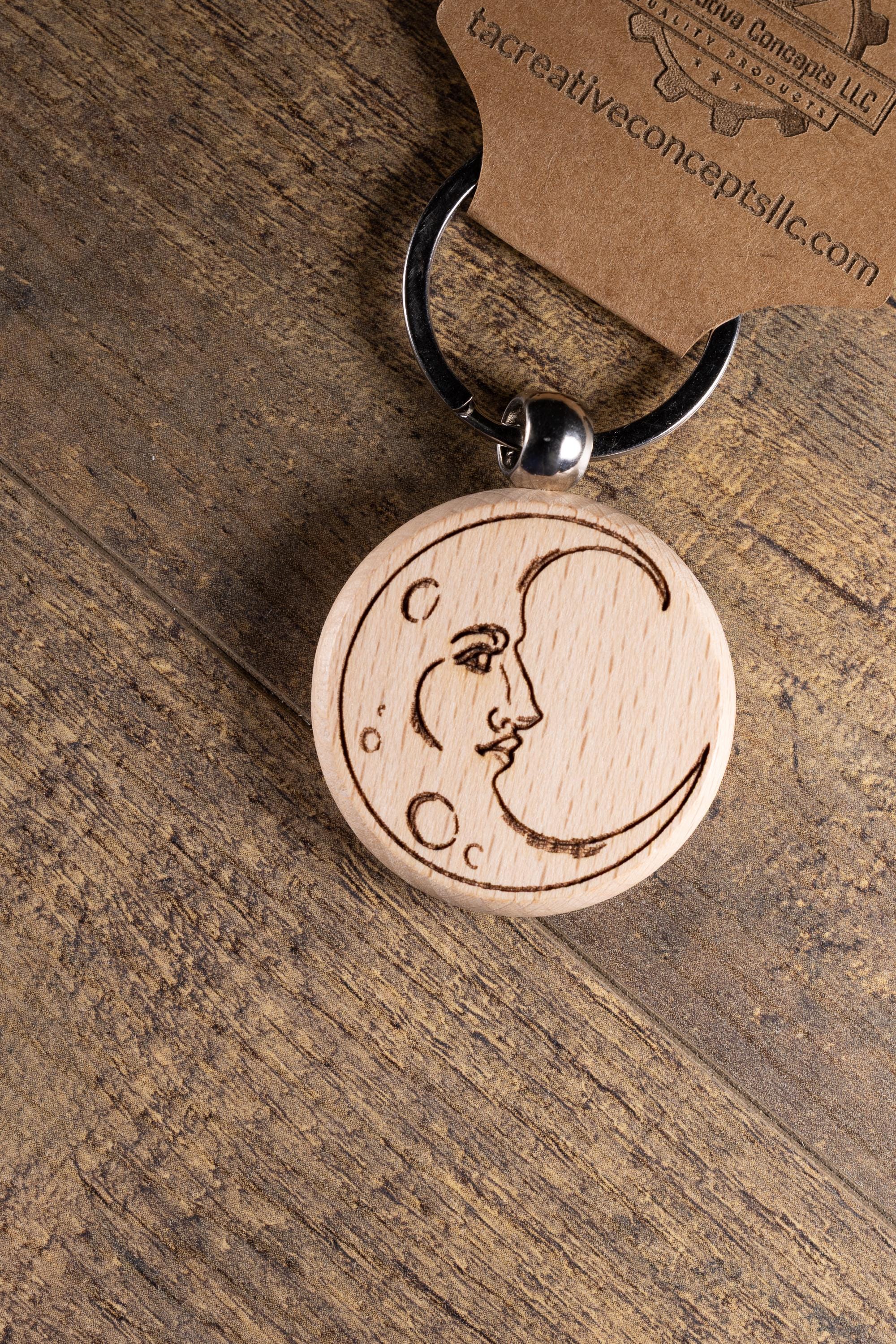 Laser Engraved Moon Keychain / Bag Charm – Hardwood with Stainless Hardware – Celestial Lover Gift