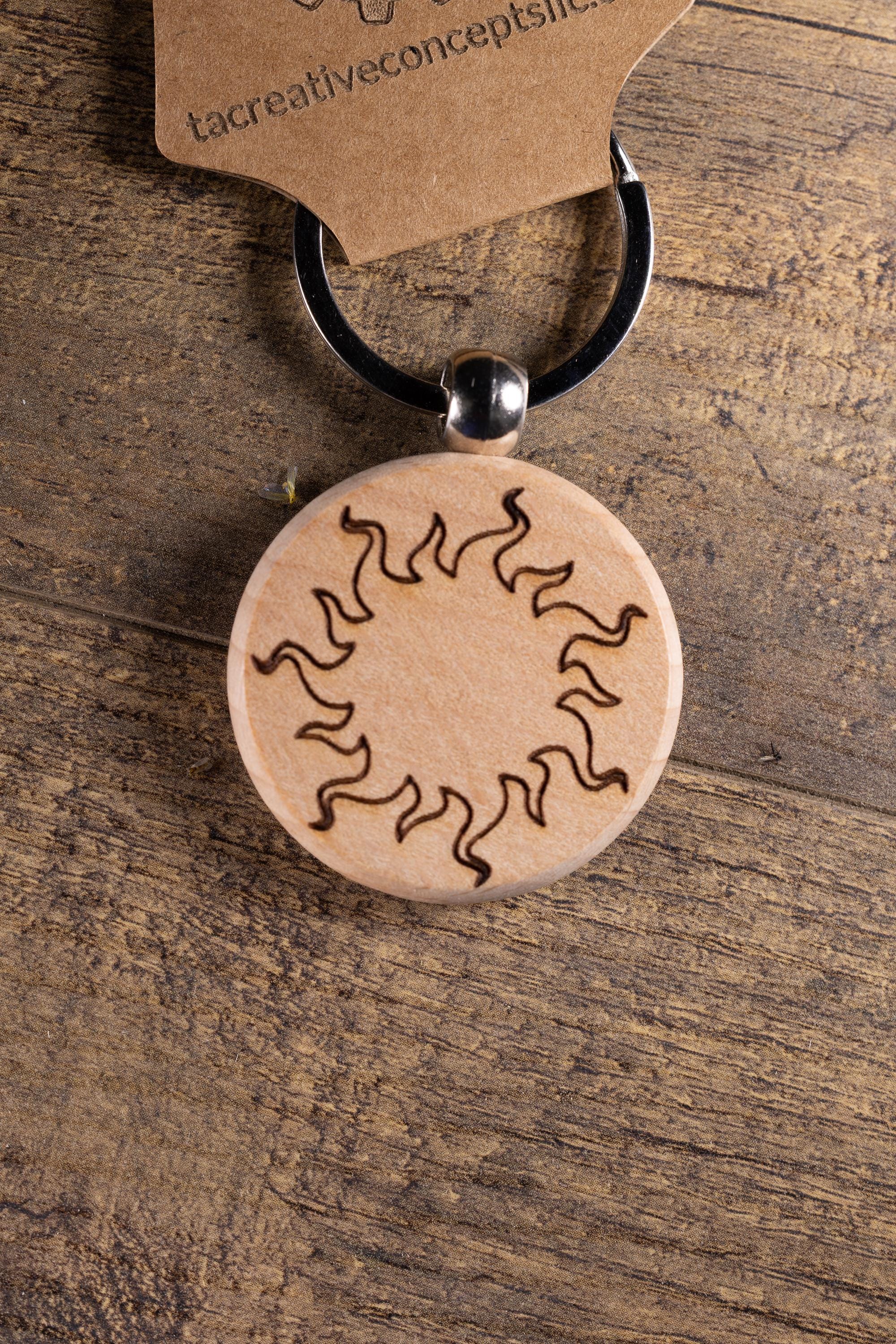 Laser Engraved Wood Sun Keychain / Bag Charm – Hardwood with Stainless Hardware – Celestial Sunshine Gift