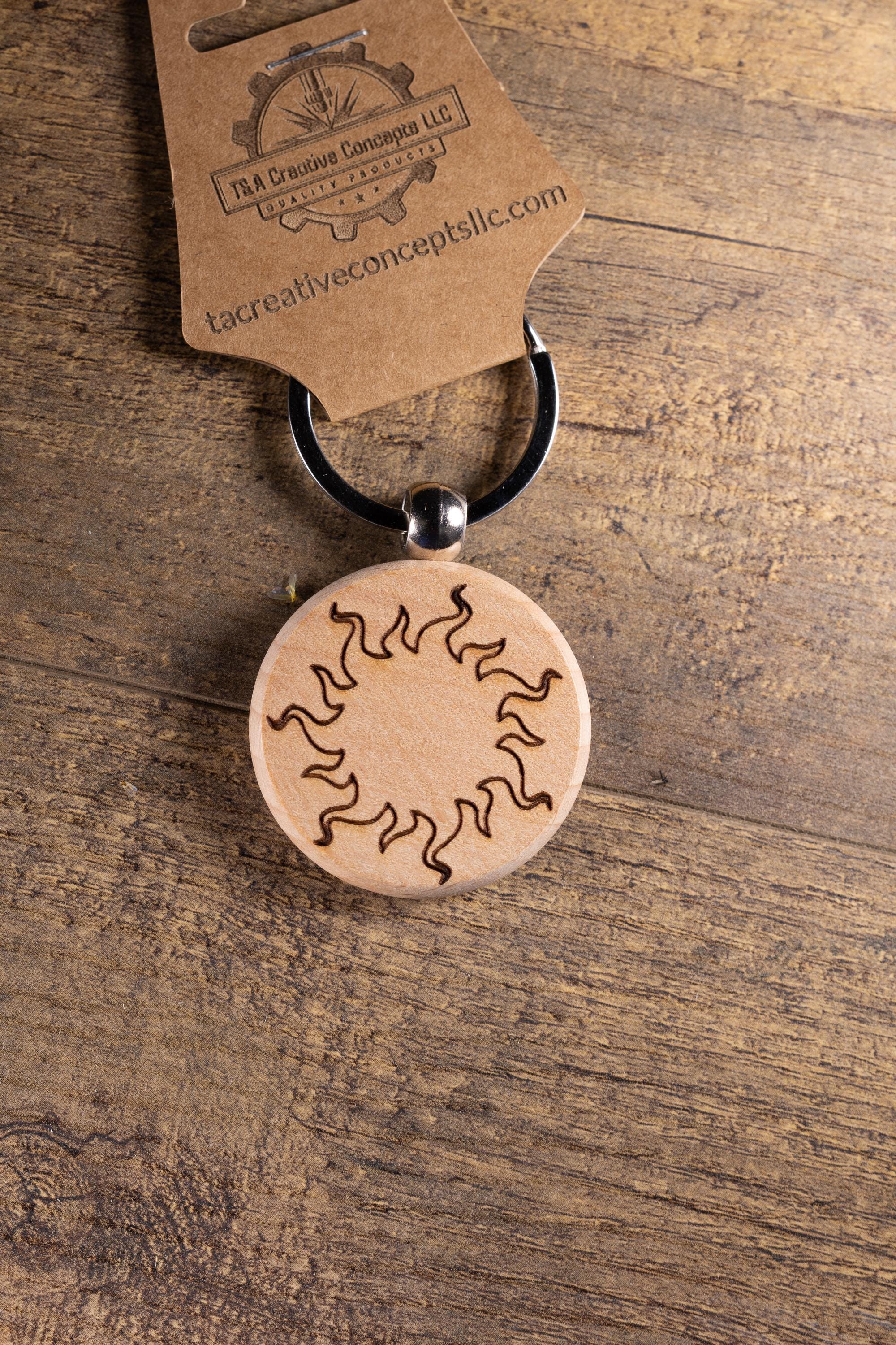 Laser Engraved Wood Sun Keychain / Bag Charm – Hardwood with Stainless Hardware – Celestial Sunshine Gift