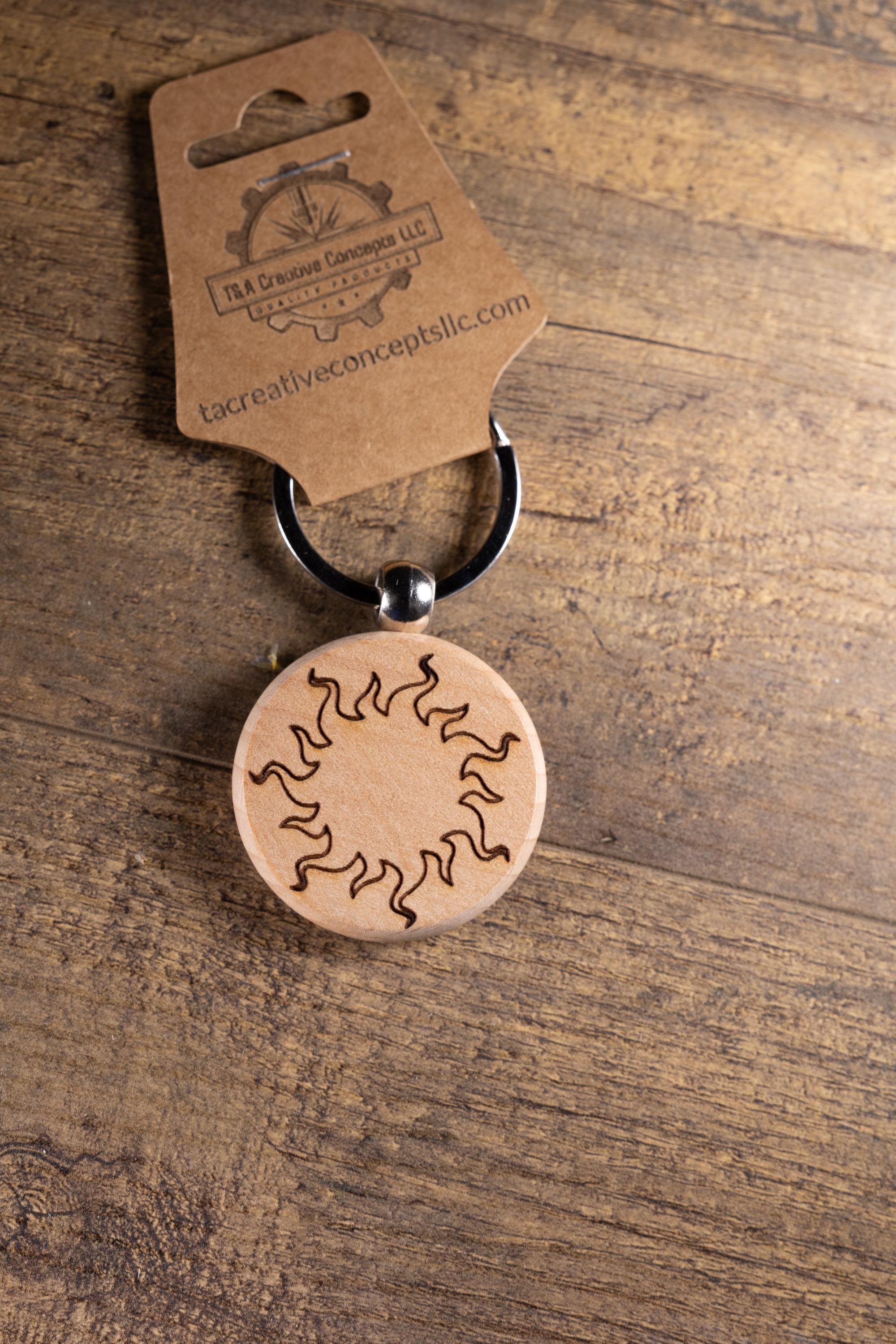 Laser Engraved Wood Sun Keychain / Bag Charm – Hardwood with Stainless Hardware – Celestial Sunshine Gift