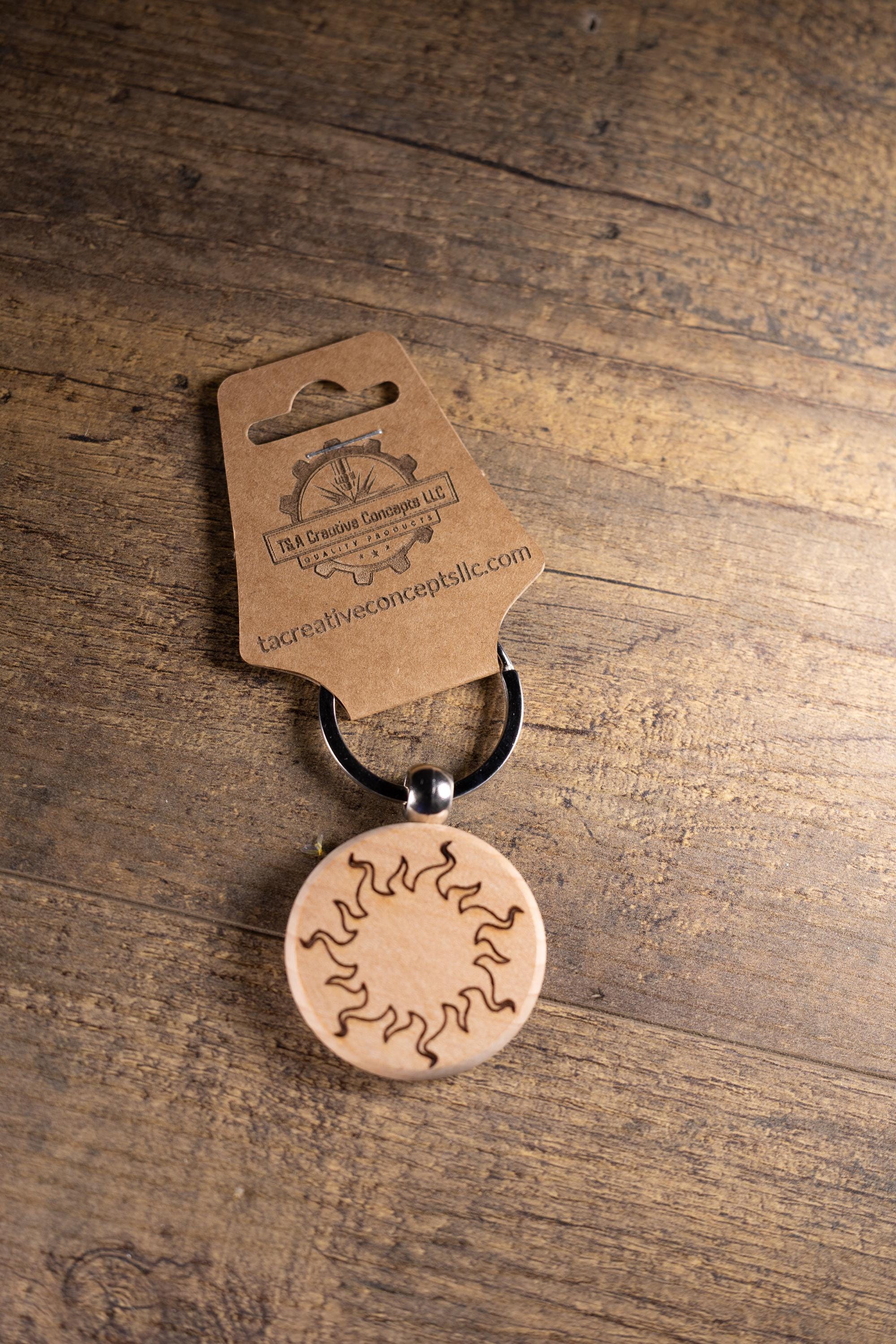 Laser Engraved Wood Sun Keychain / Bag Charm – Hardwood with Stainless Hardware – Celestial Sunshine Gift