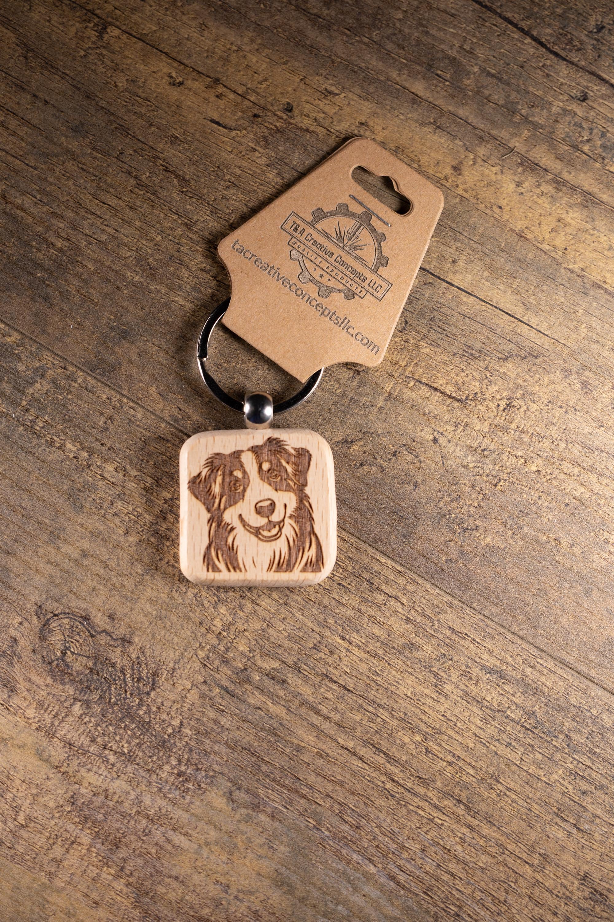 Laser Engraved Wood Australian Shepherd Keychain / Bag Charm – Hardwood with Stainless Hardware – Dog Lover Gift