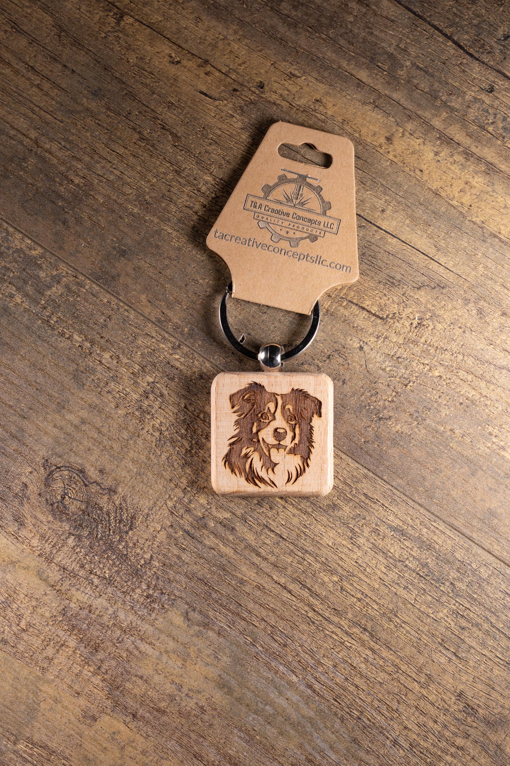 Laser Engraved Wood Australian Shepherd Keychain / Bag Charm – Hardwood with Stainless Hardware – Dog Lover Gift