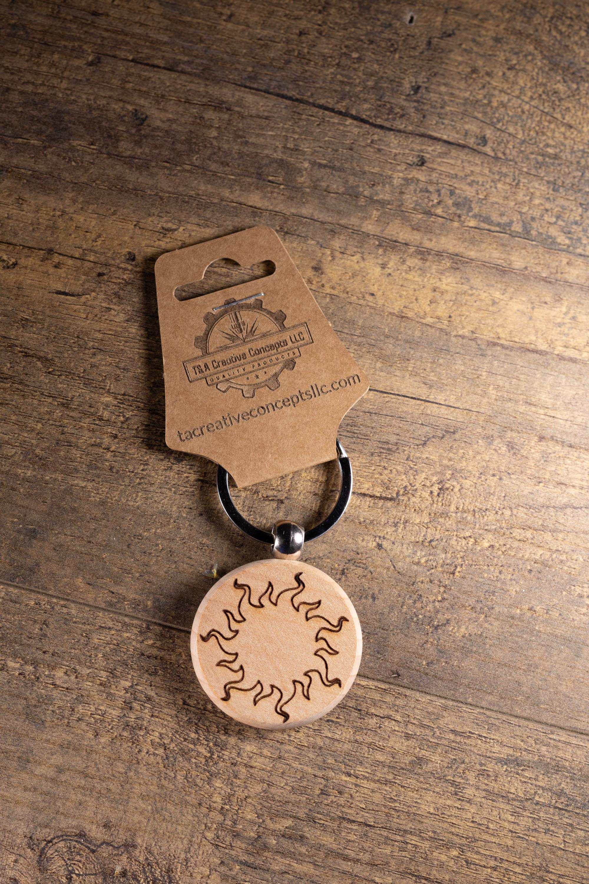 Laser Engraved Wood Sun Keychain / Bag Charm – Hardwood with Stainless Hardware – Celestial Sunshine Gift