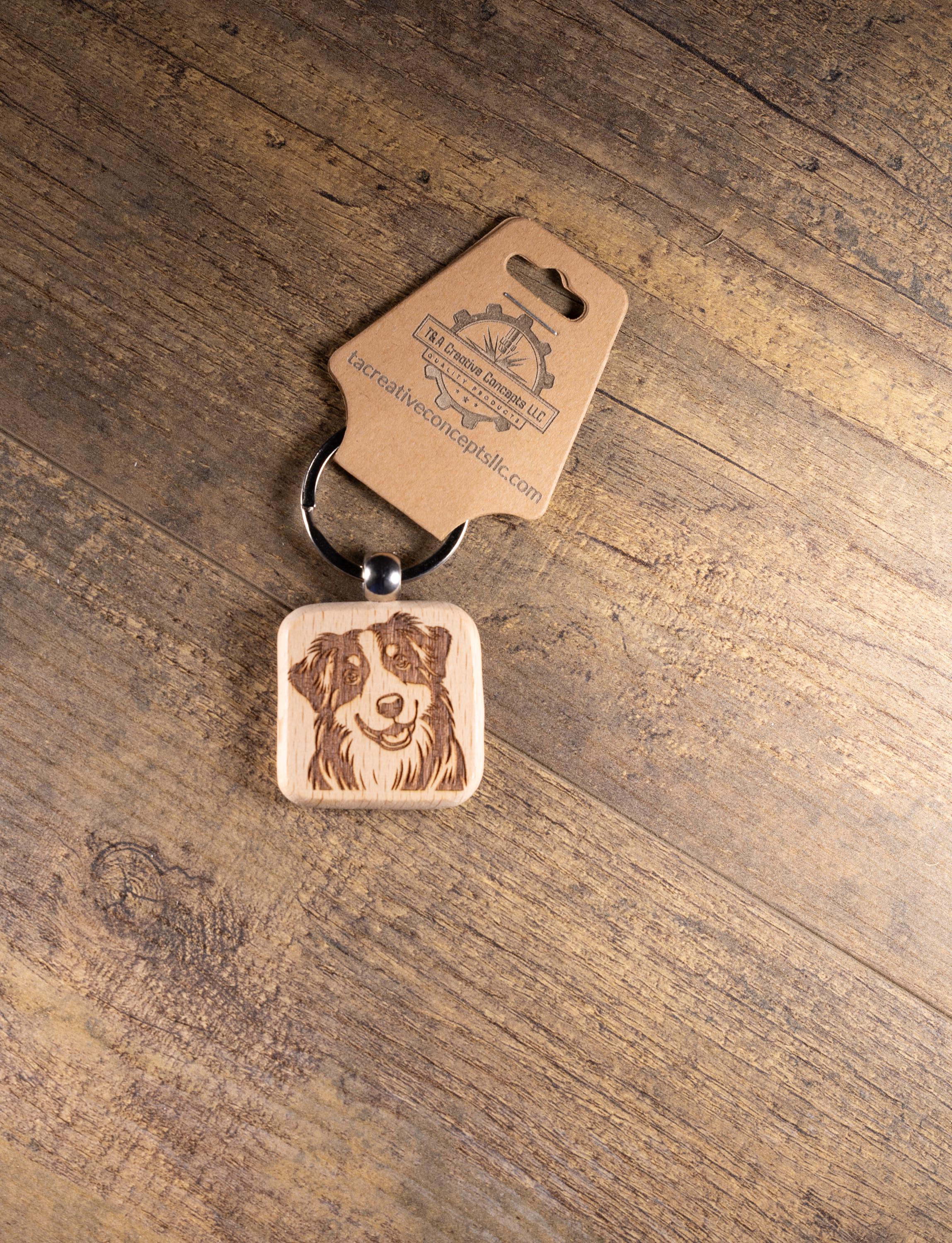 Laser Engraved Wood Australian Shepherd Keychain / Bag Charm – Hardwood with Stainless Hardware – Dog Lover Gift