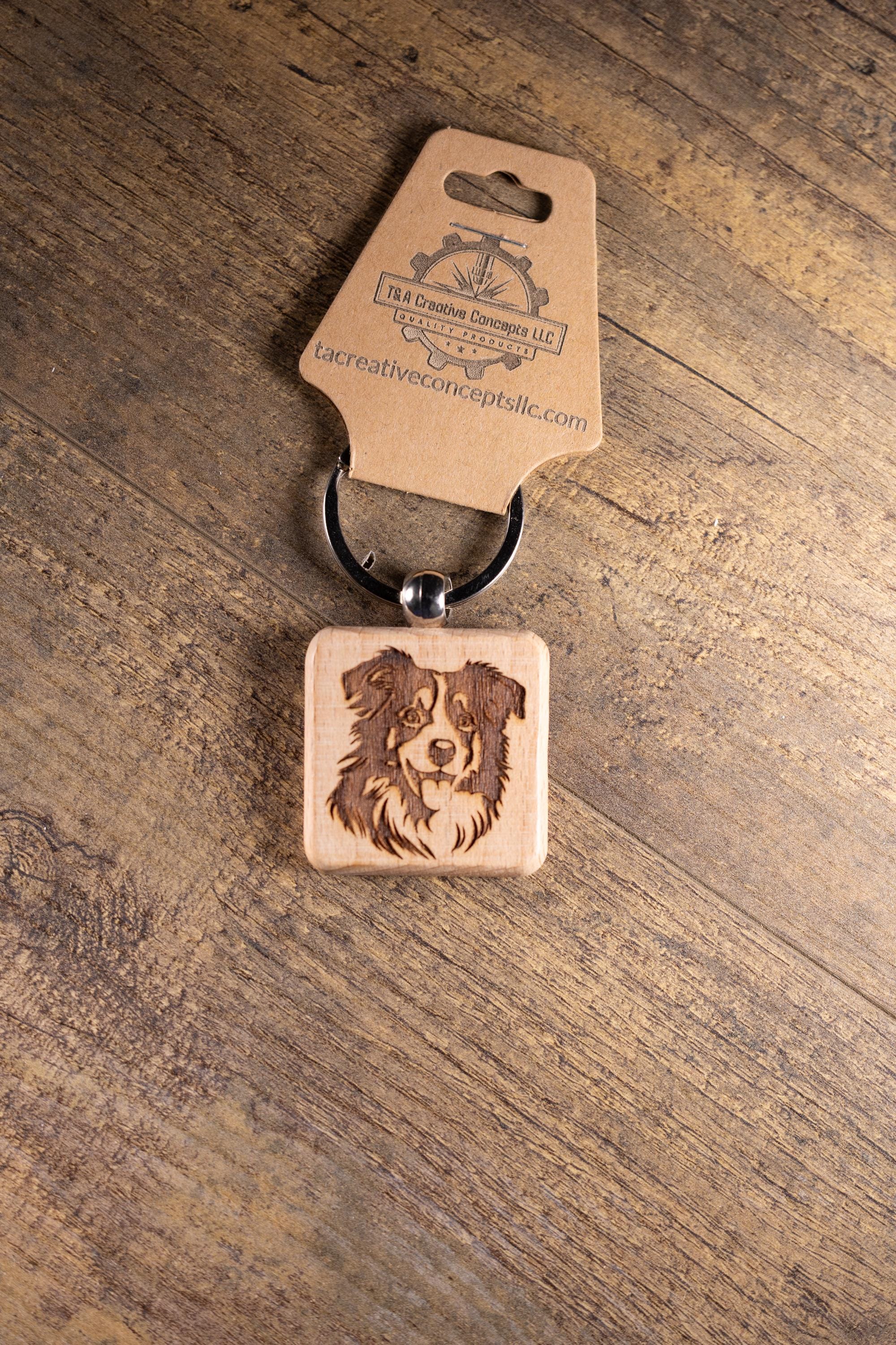 Laser Engraved Wood Australian Shepherd Keychain / Bag Charm – Hardwood with Stainless Hardware – Dog Lover Gift