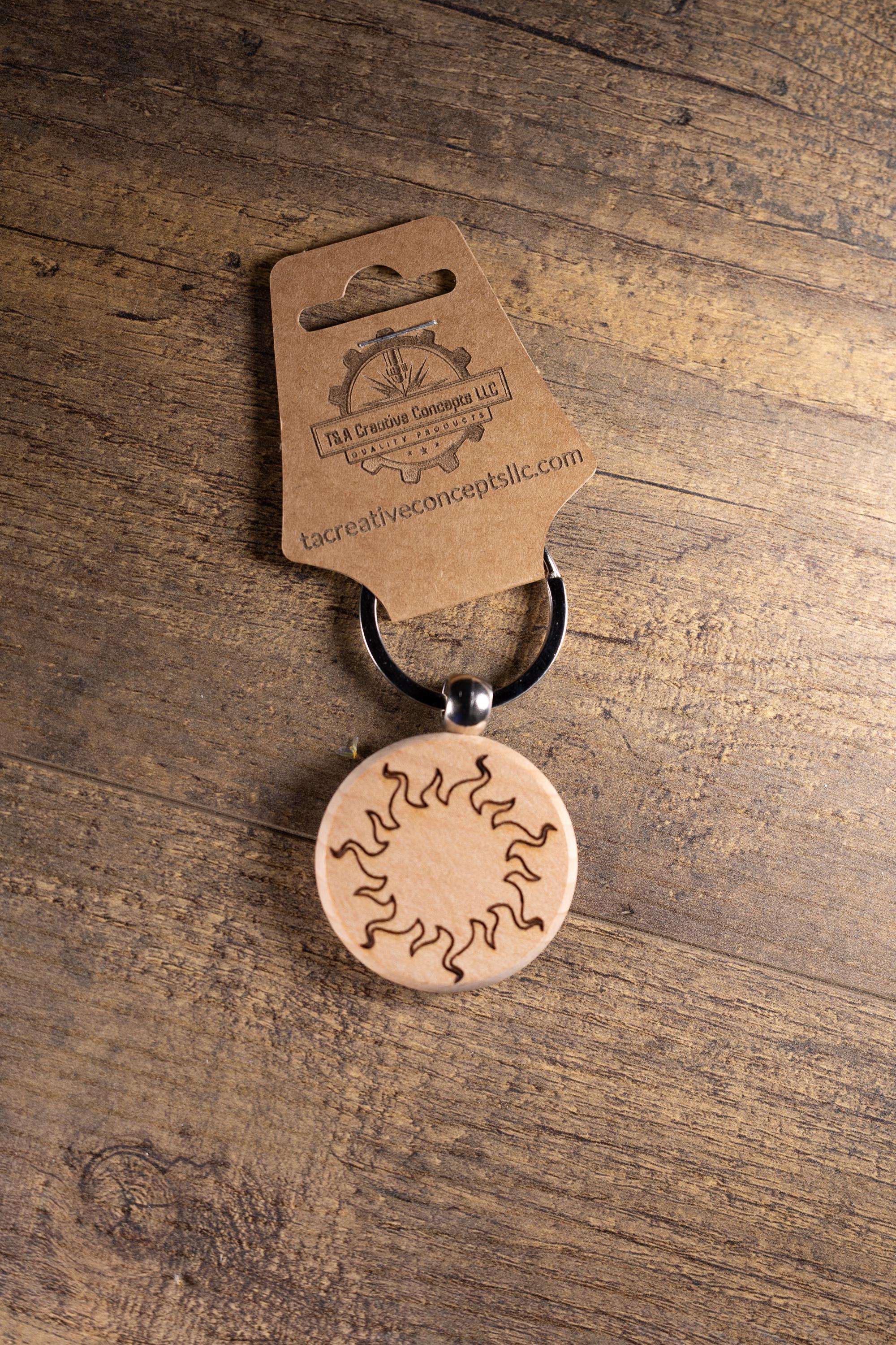 Laser Engraved Wood Sun Keychain / Bag Charm – Hardwood with Stainless Hardware – Celestial Sunshine Gift