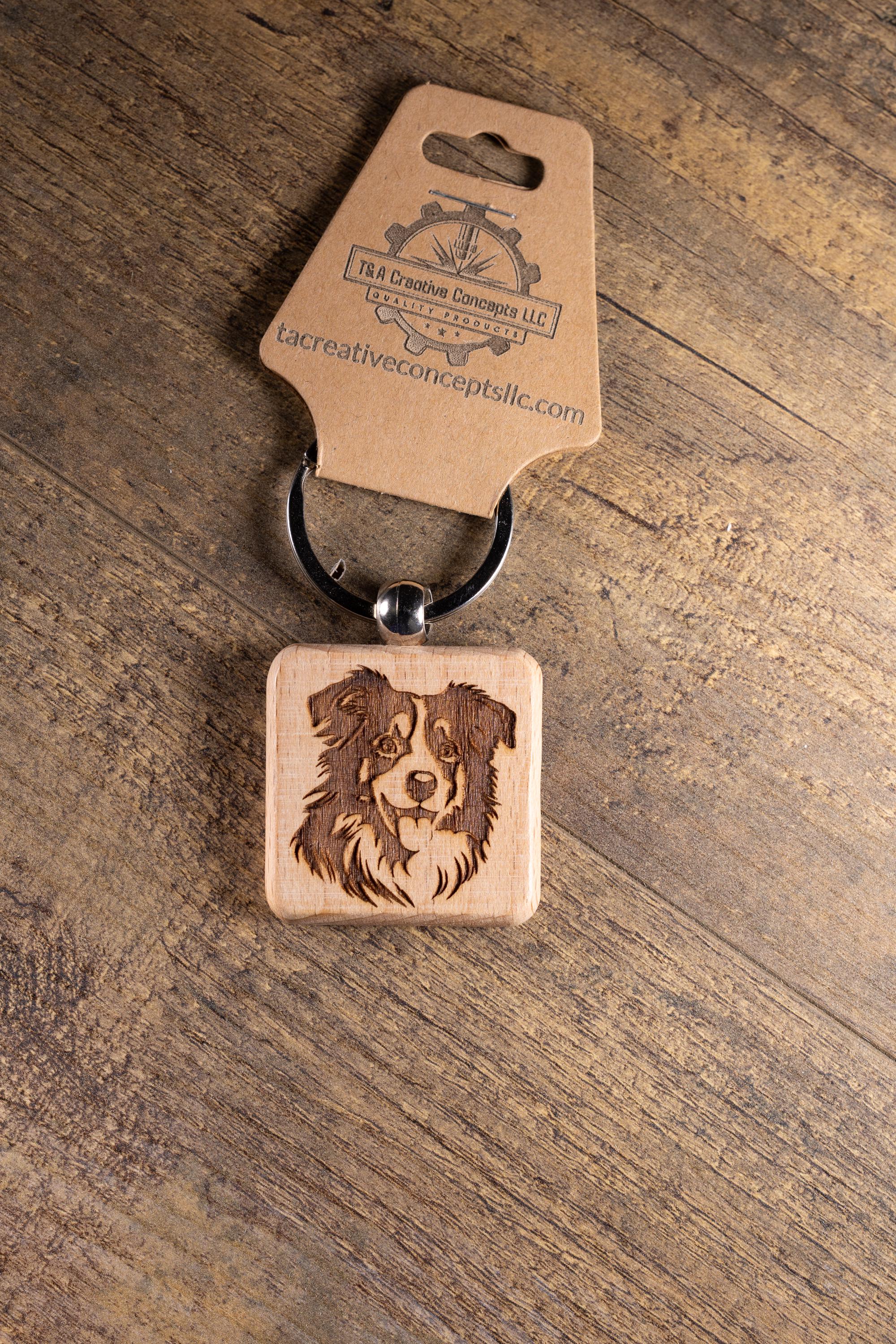 Laser Engraved Wood Australian Shepherd Keychain / Bag Charm – Hardwood with Stainless Hardware – Dog Lover Gift