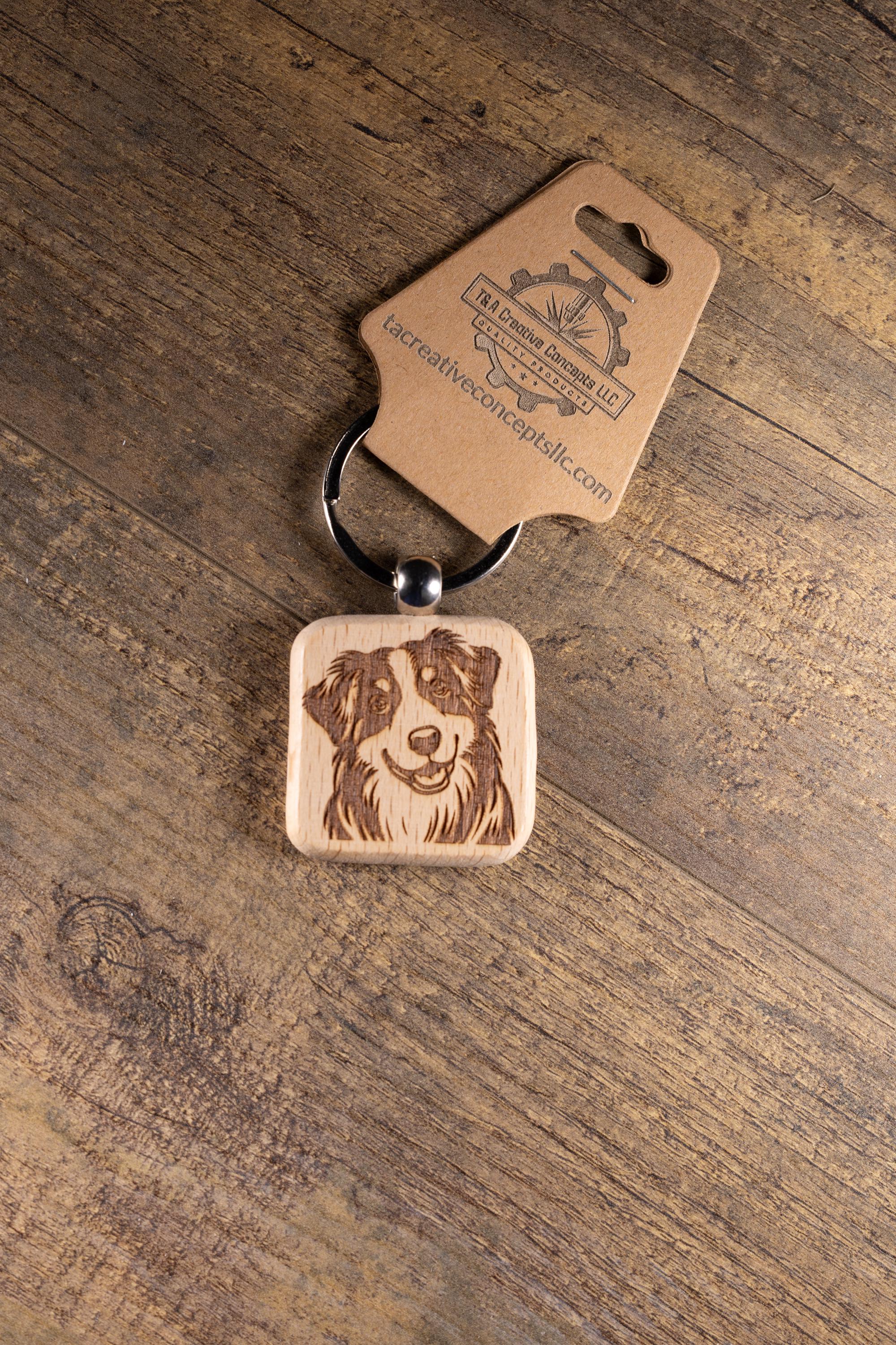 Laser Engraved Wood Australian Shepherd Keychain / Bag Charm – Hardwood with Stainless Hardware – Dog Lover Gift
