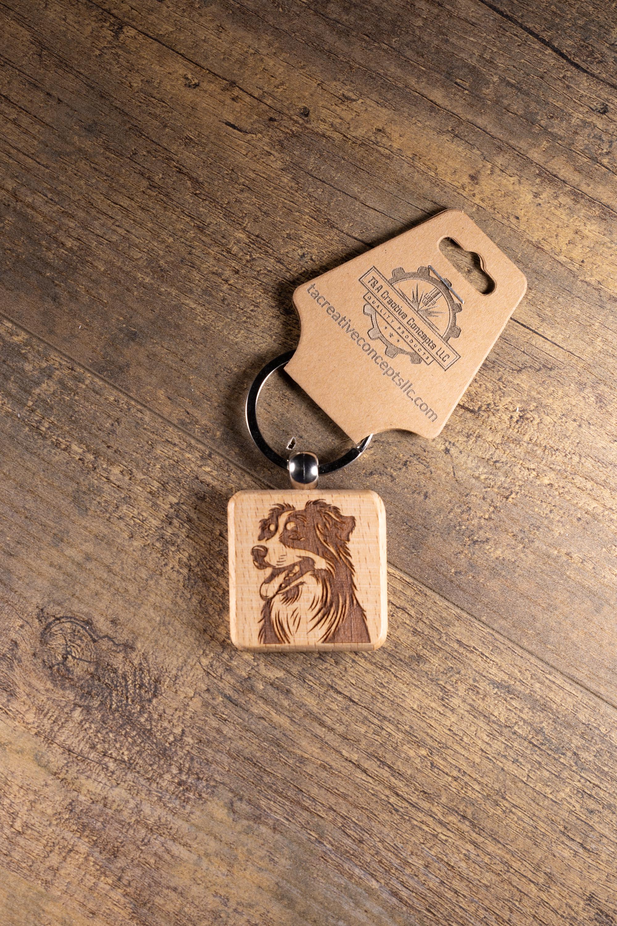 Laser Engraved Wood Australian Shepherd Keychain / Bag Charm – Hardwood with Stainless Hardware – Dog Lover Gift