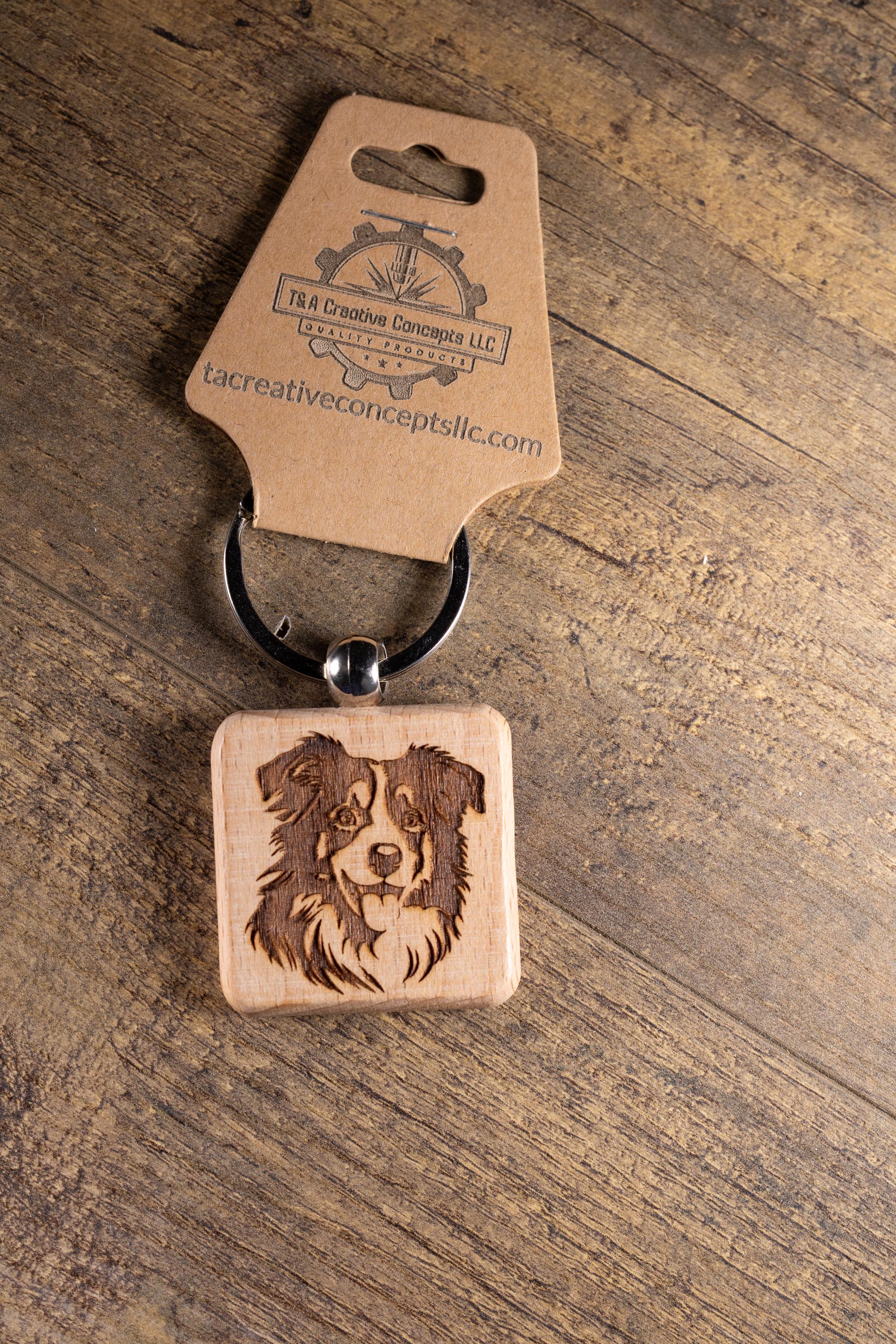 Laser Engraved Wood Australian Shepherd Keychain / Bag Charm – Hardwood with Stainless Hardware – Dog Lover Gift