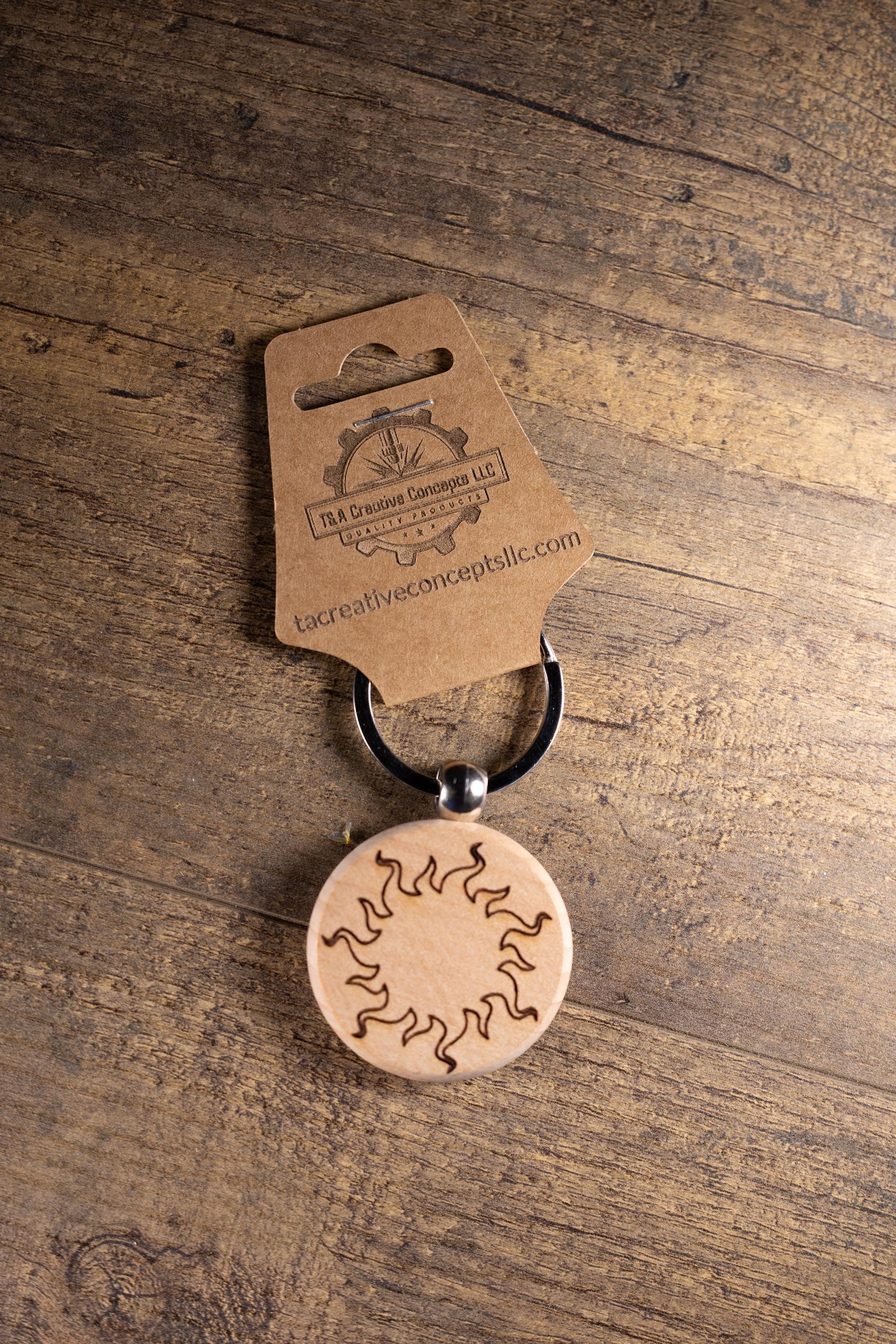 Laser Engraved Wood Sun Keychain / Bag Charm – Hardwood with Stainless Hardware – Celestial Sunshine Gift