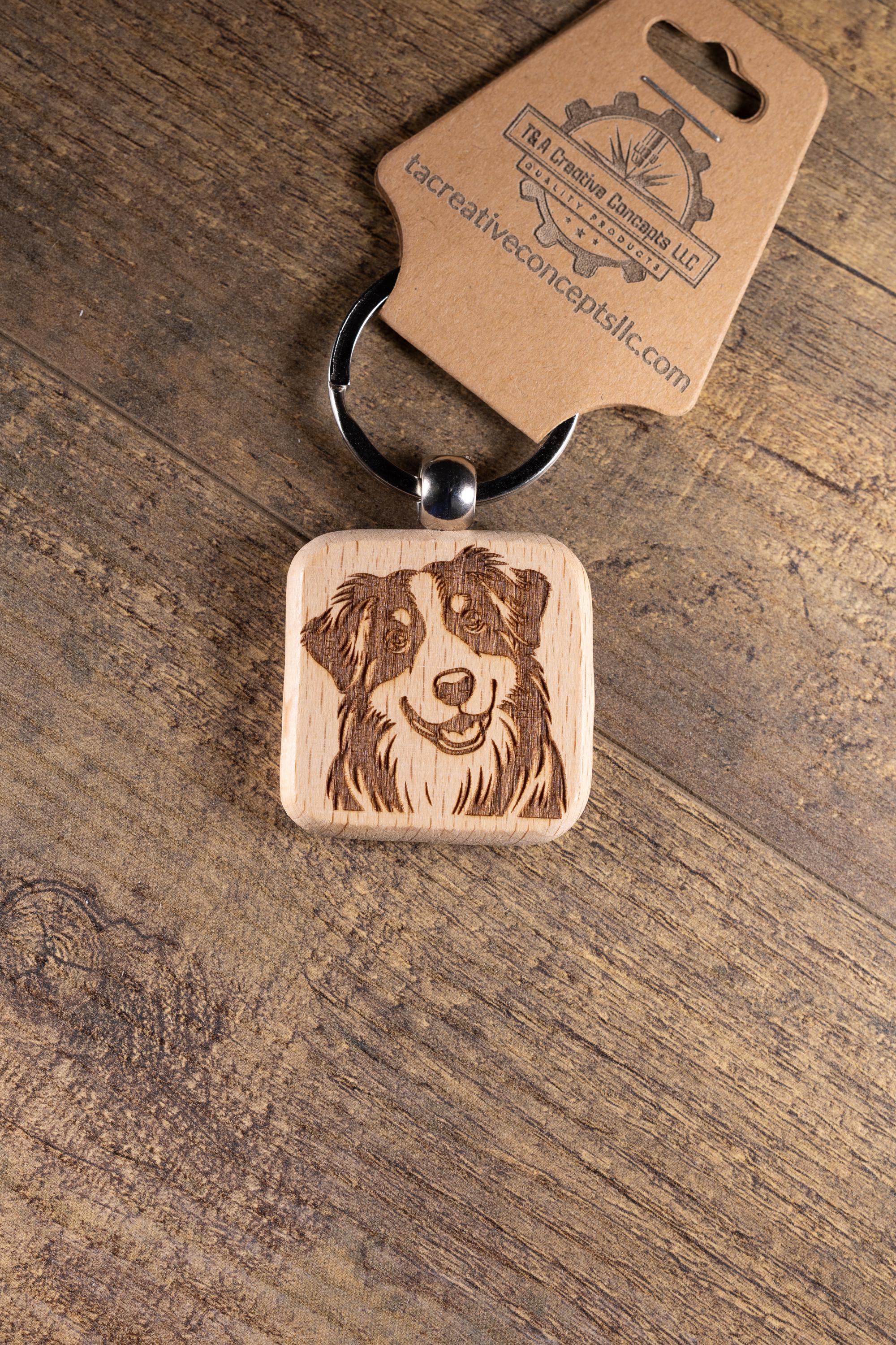 Laser Engraved Wood Australian Shepherd Keychain / Bag Charm – Hardwood with Stainless Hardware – Dog Lover Gift