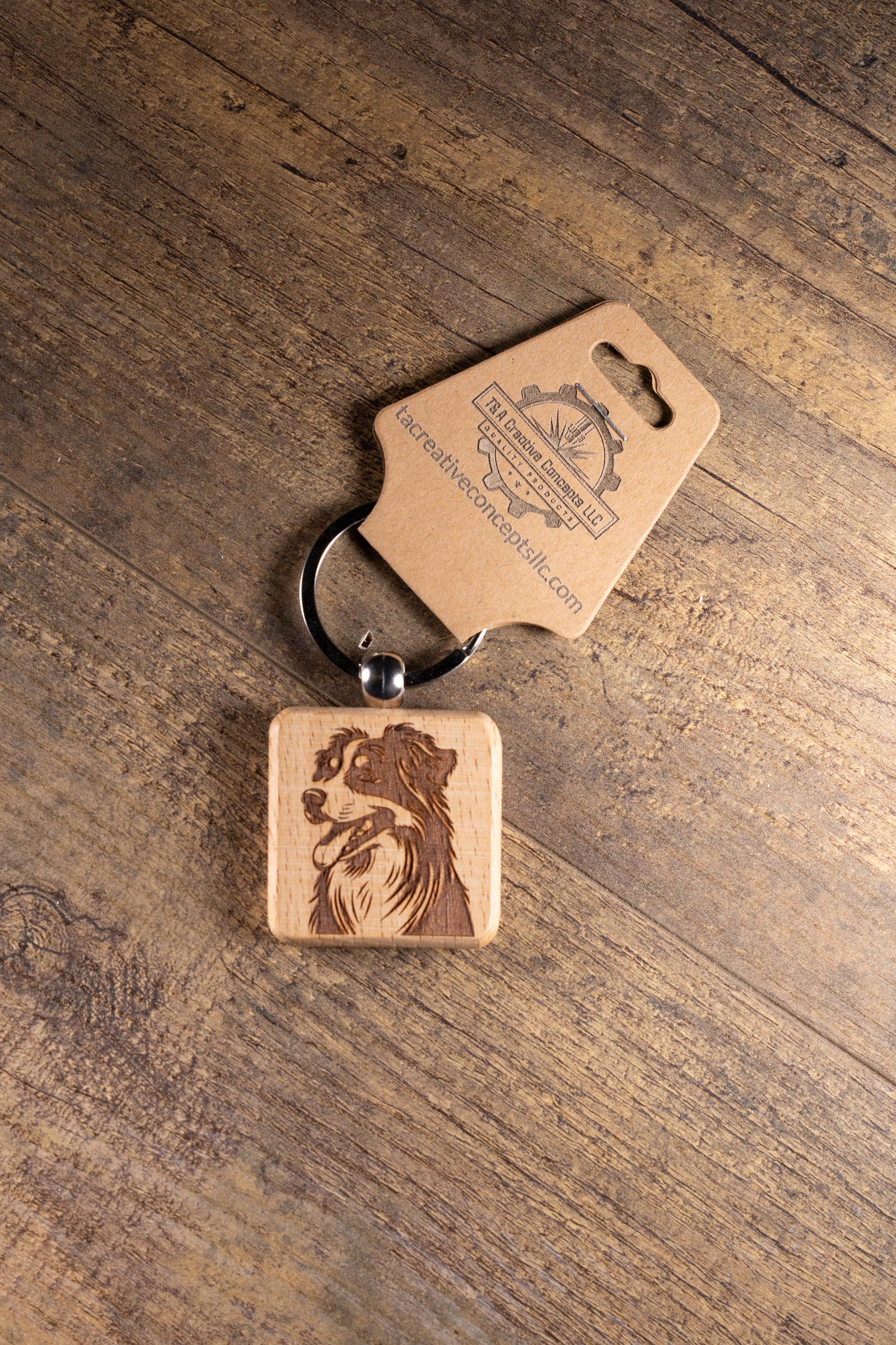 Laser Engraved Wood Australian Shepherd Keychain / Bag Charm – Hardwood with Stainless Hardware – Dog Lover Gift