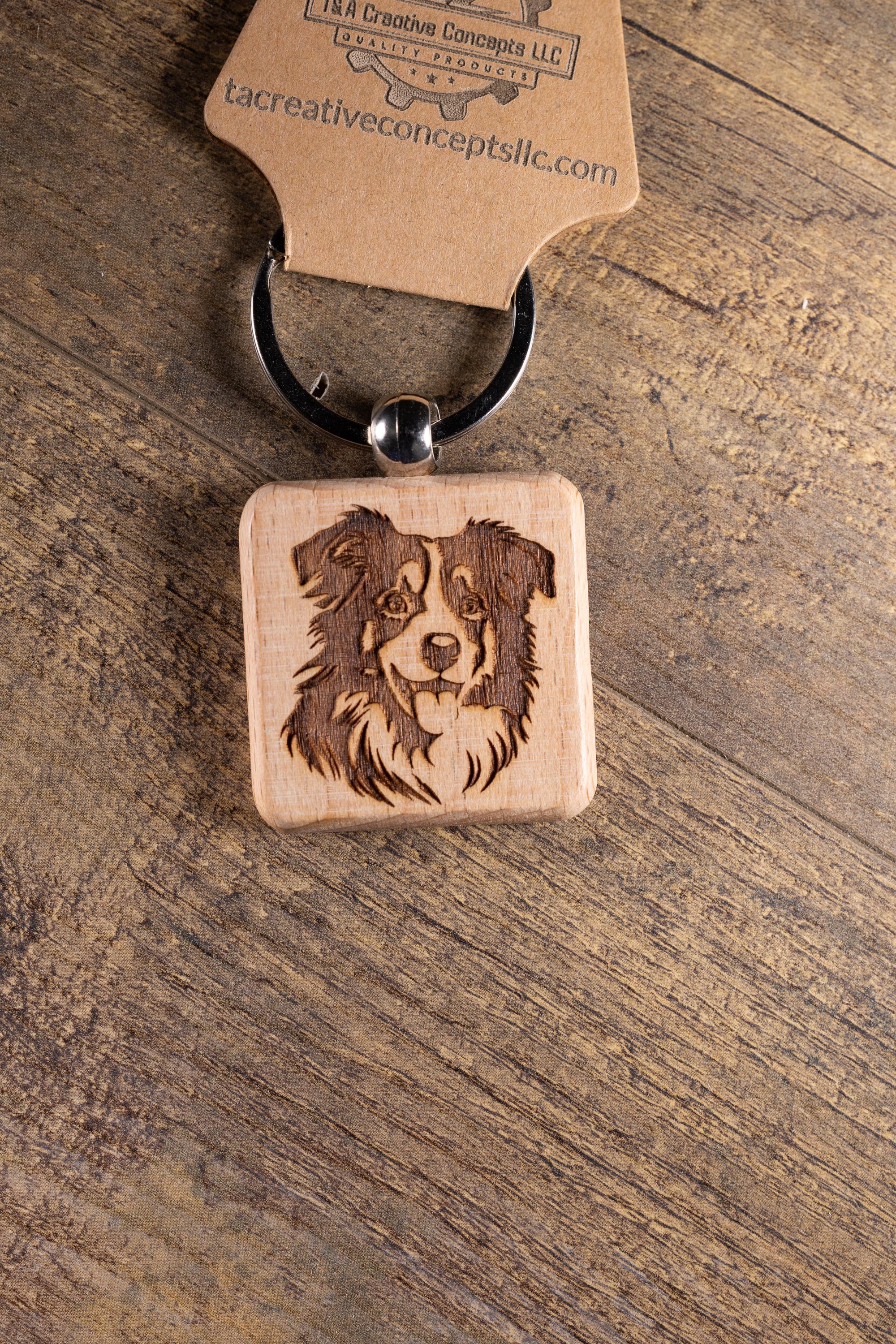 Laser Engraved Wood Australian Shepherd Keychain / Bag Charm – Hardwood with Stainless Hardware – Dog Lover Gift