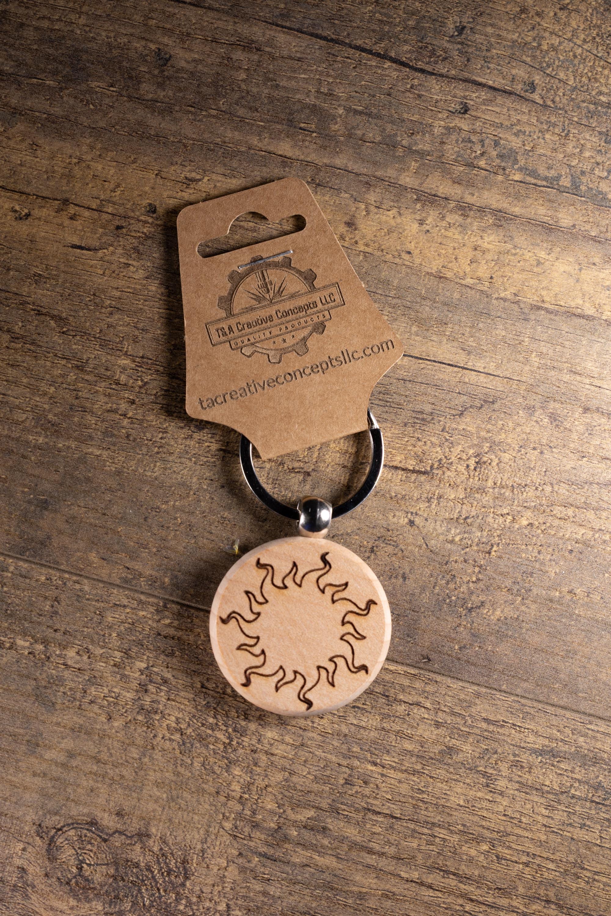 Laser Engraved Wood Sun Keychain / Bag Charm – Hardwood with Stainless Hardware – Celestial Sunshine Gift