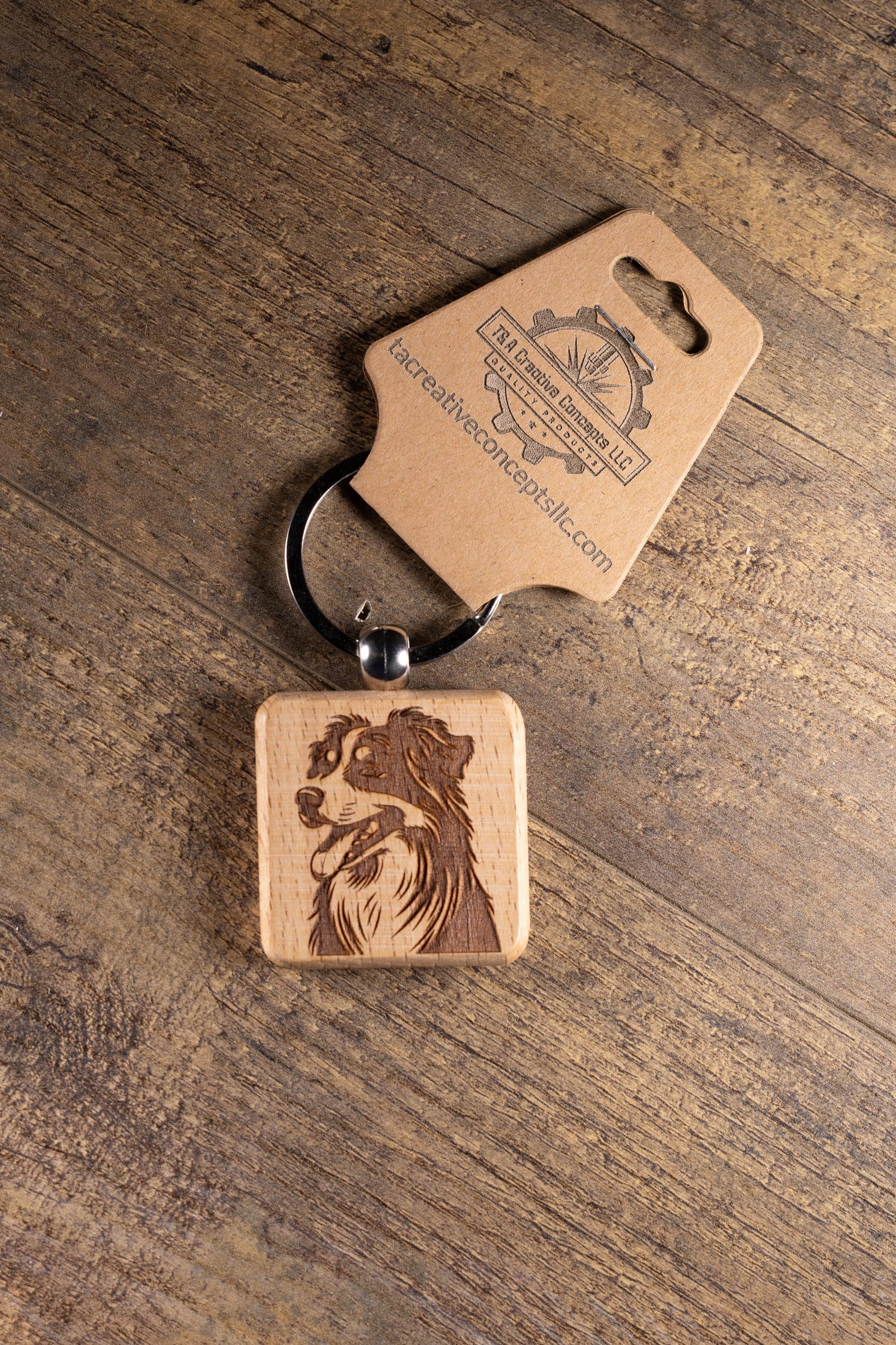 Laser Engraved Wood Australian Shepherd Keychain / Bag Charm – Hardwood with Stainless Hardware – Dog Lover Gift