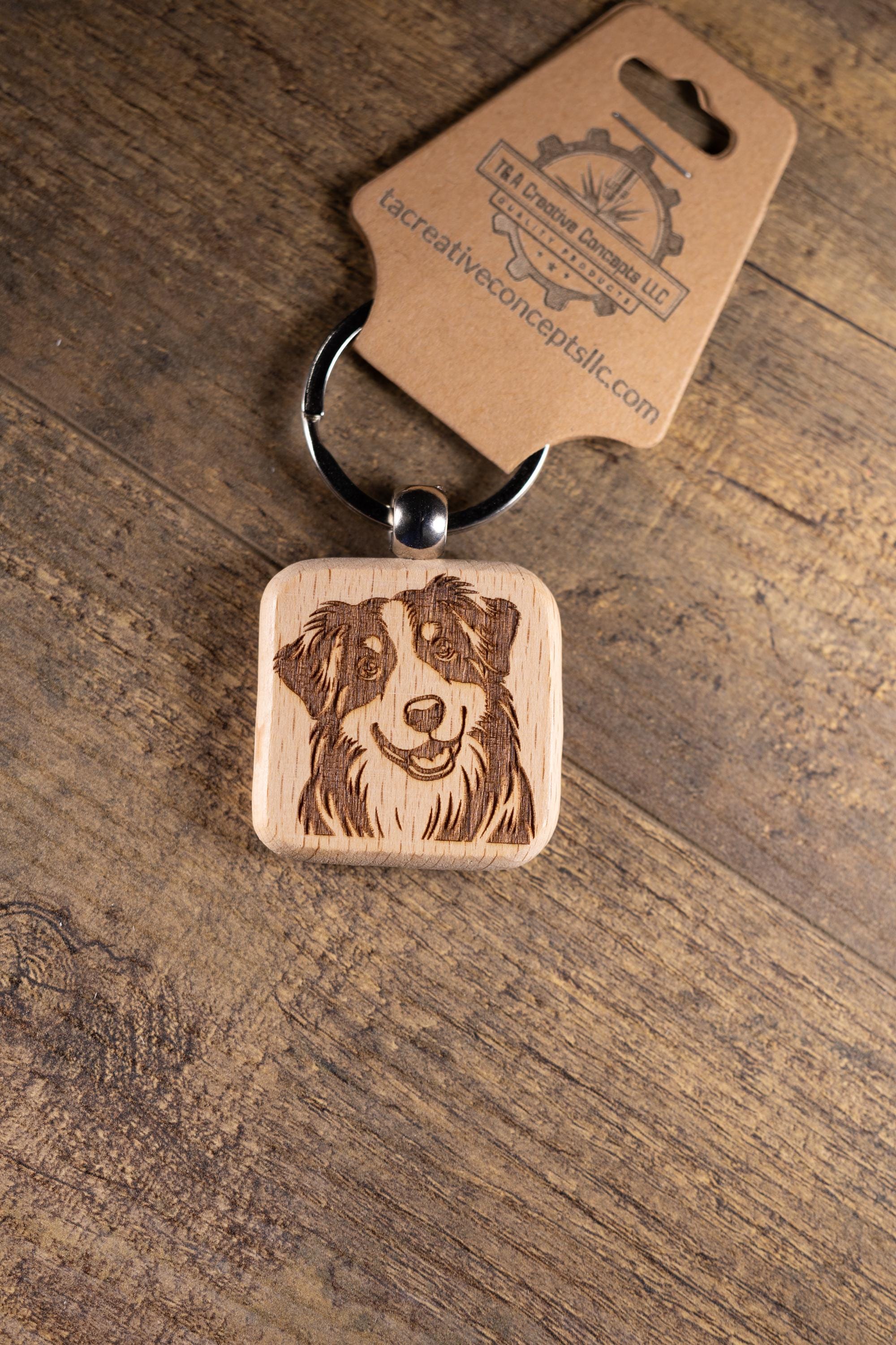Laser Engraved Wood Australian Shepherd Keychain / Bag Charm – Hardwood with Stainless Hardware – Dog Lover Gift