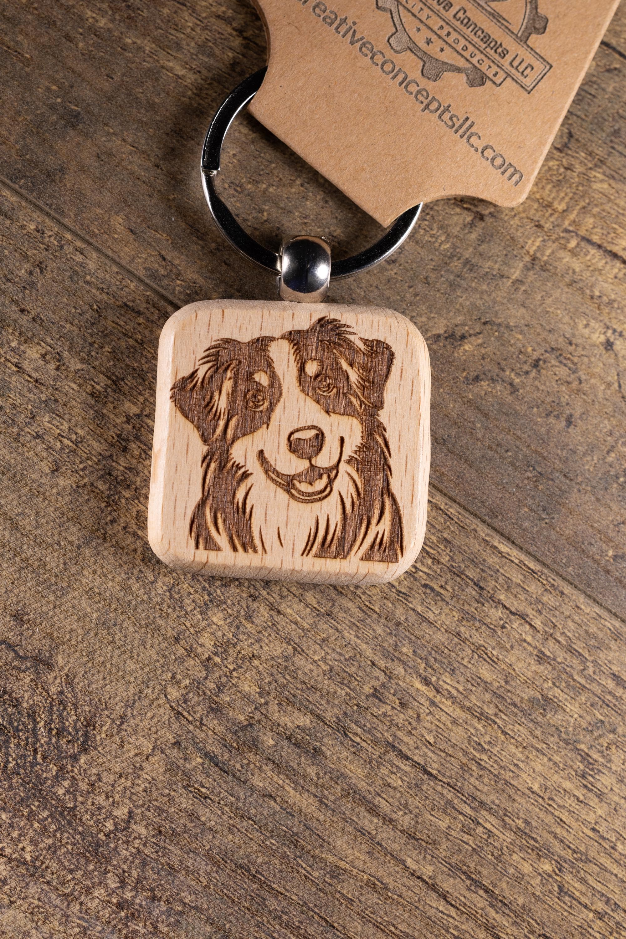 Laser Engraved Wood Australian Shepherd Keychain / Bag Charm – Hardwood with Stainless Hardware – Dog Lover Gift