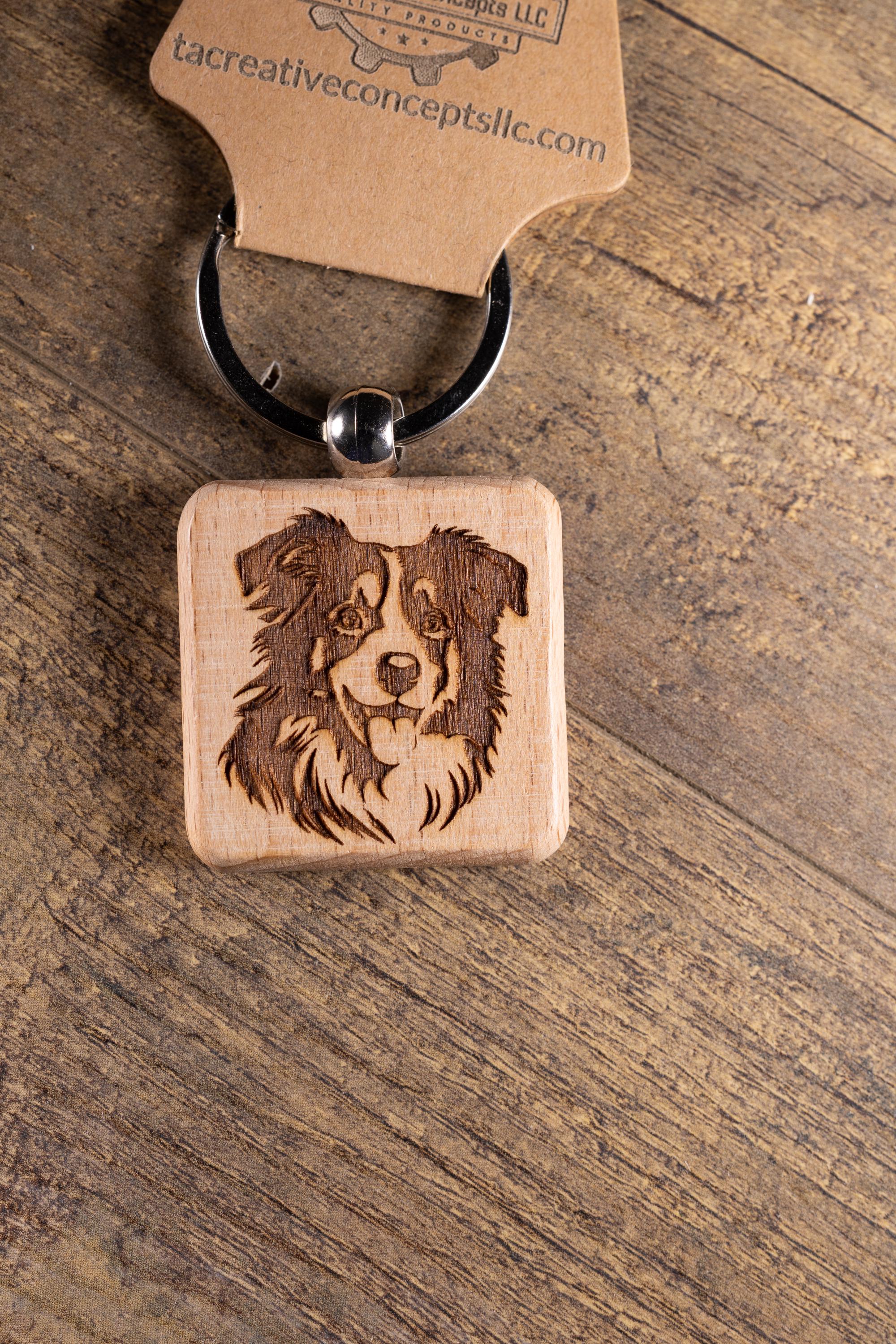 Laser Engraved Wood Australian Shepherd Keychain / Bag Charm – Hardwood with Stainless Hardware – Dog Lover Gift