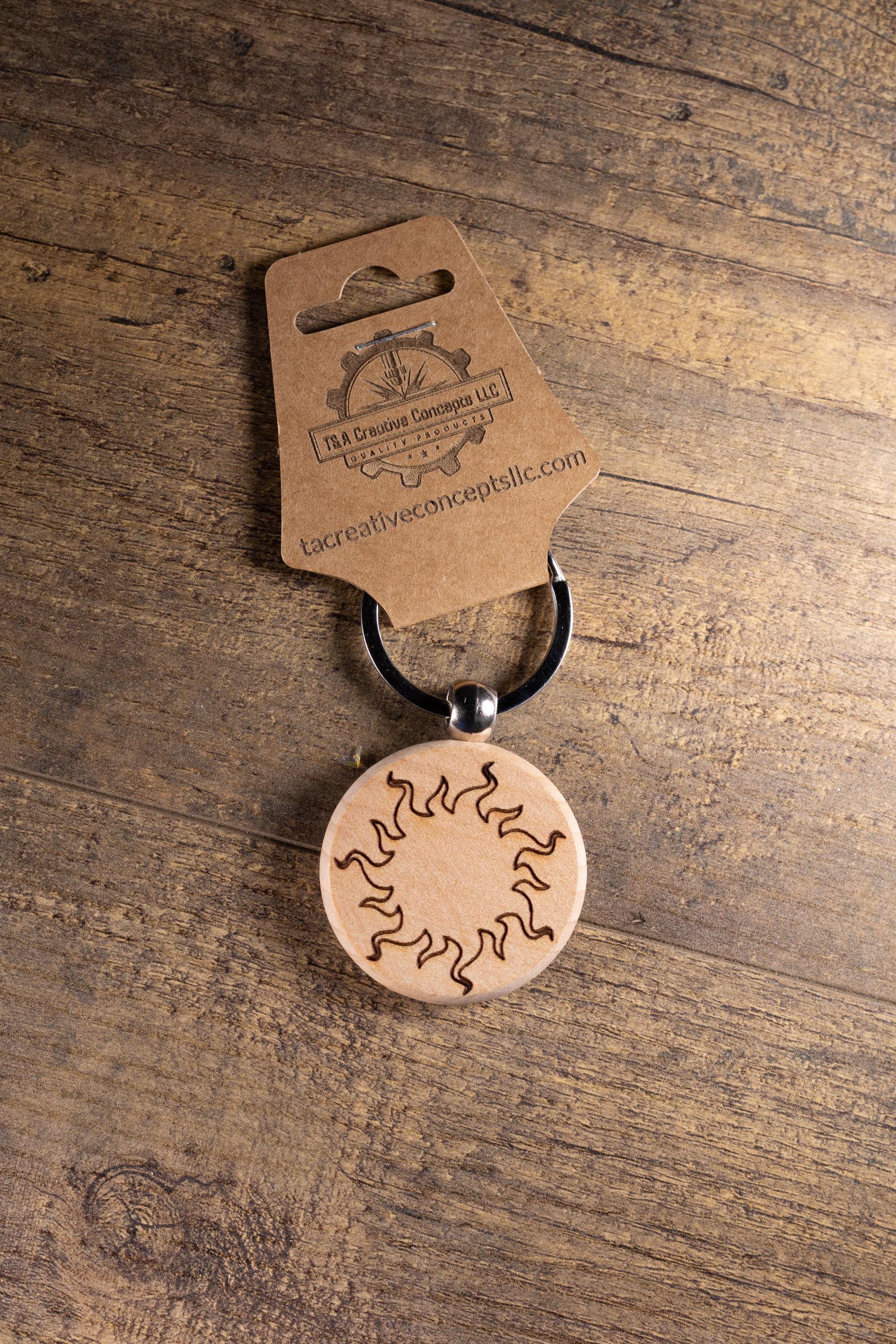 Laser Engraved Wood Sun Keychain / Bag Charm – Hardwood with Stainless Hardware – Celestial Sunshine Gift