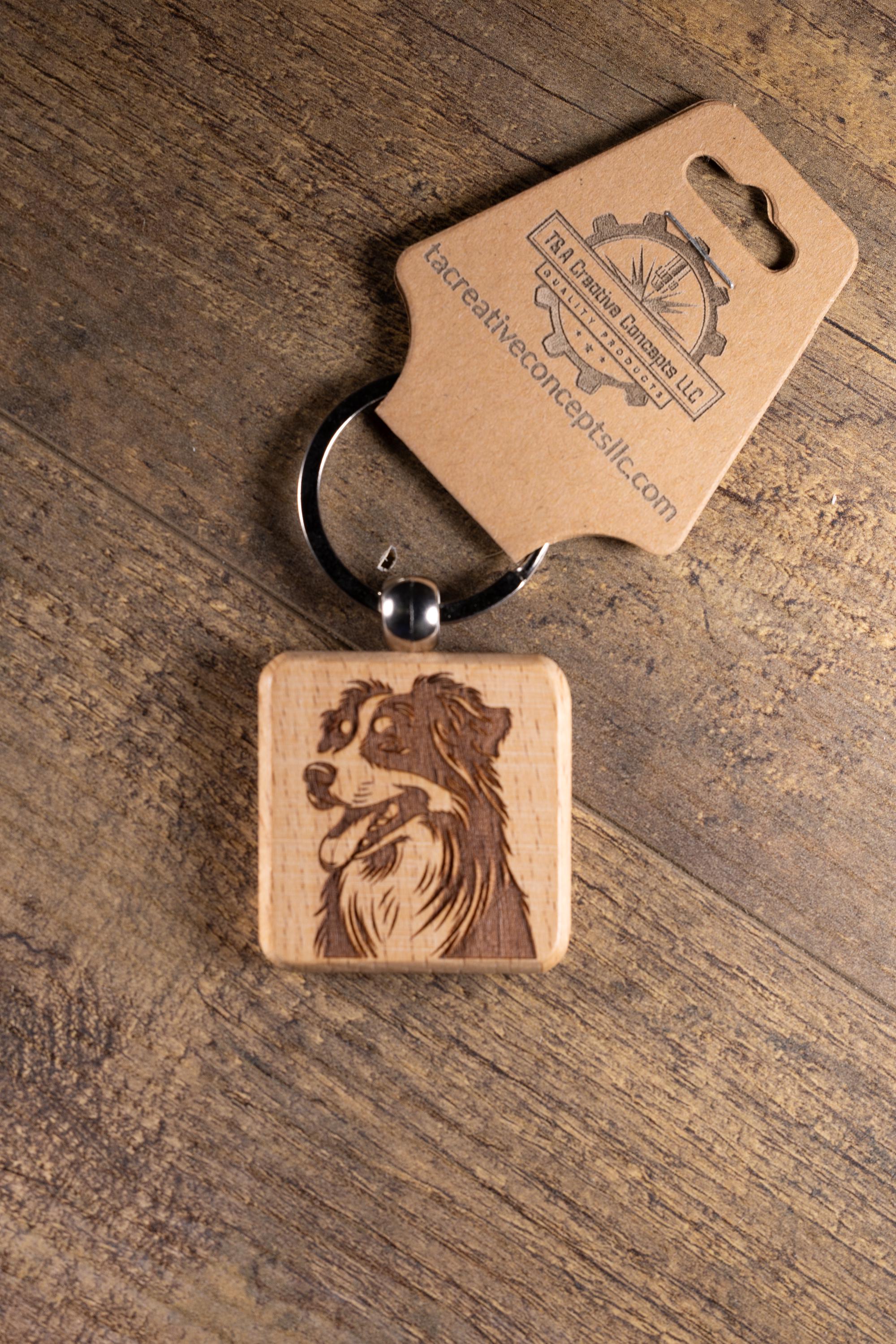 Laser Engraved Wood Australian Shepherd Keychain / Bag Charm – Hardwood with Stainless Hardware – Dog Lover Gift
