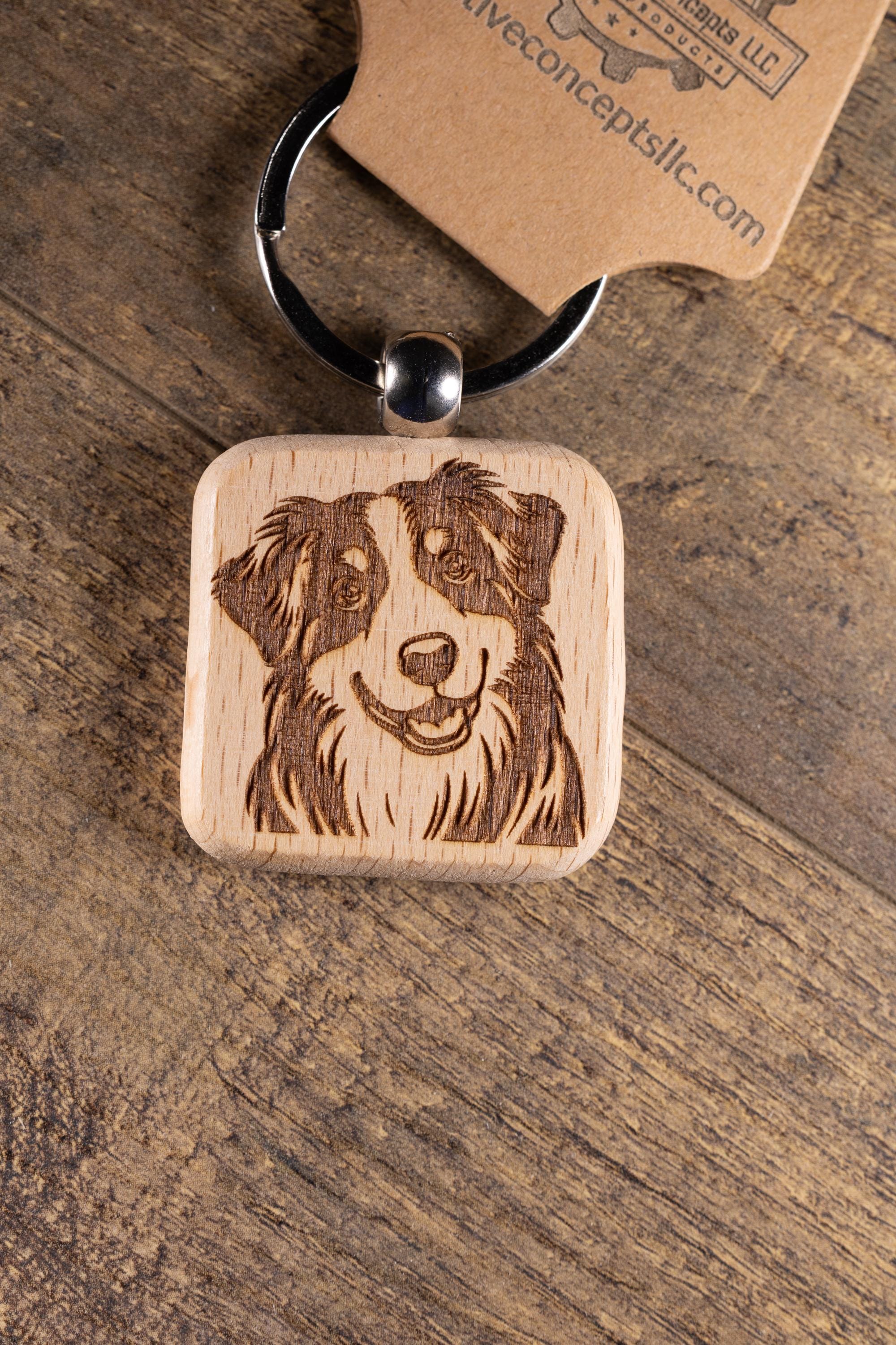 Laser Engraved Wood Australian Shepherd Keychain / Bag Charm – Hardwood with Stainless Hardware – Dog Lover Gift