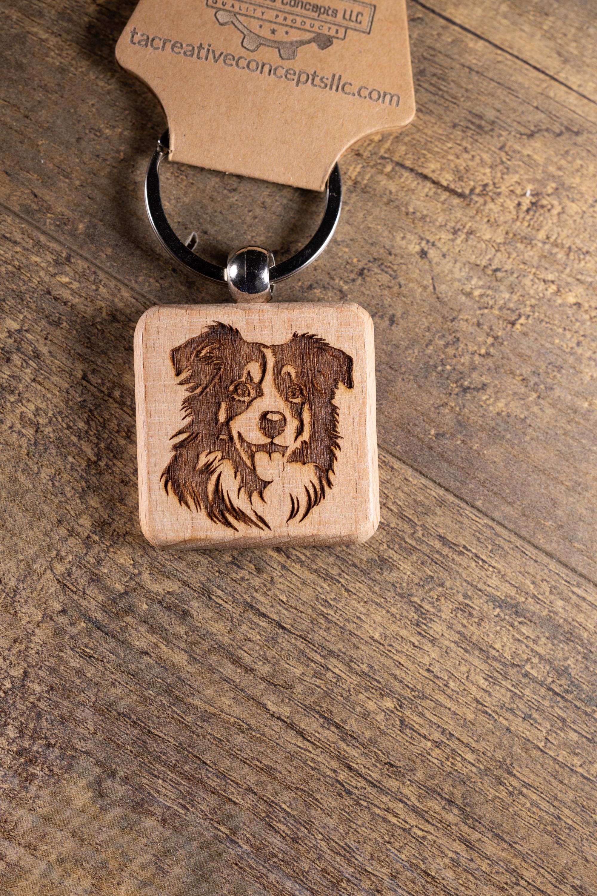 Laser Engraved Wood Australian Shepherd Keychain / Bag Charm – Hardwood with Stainless Hardware – Dog Lover Gift