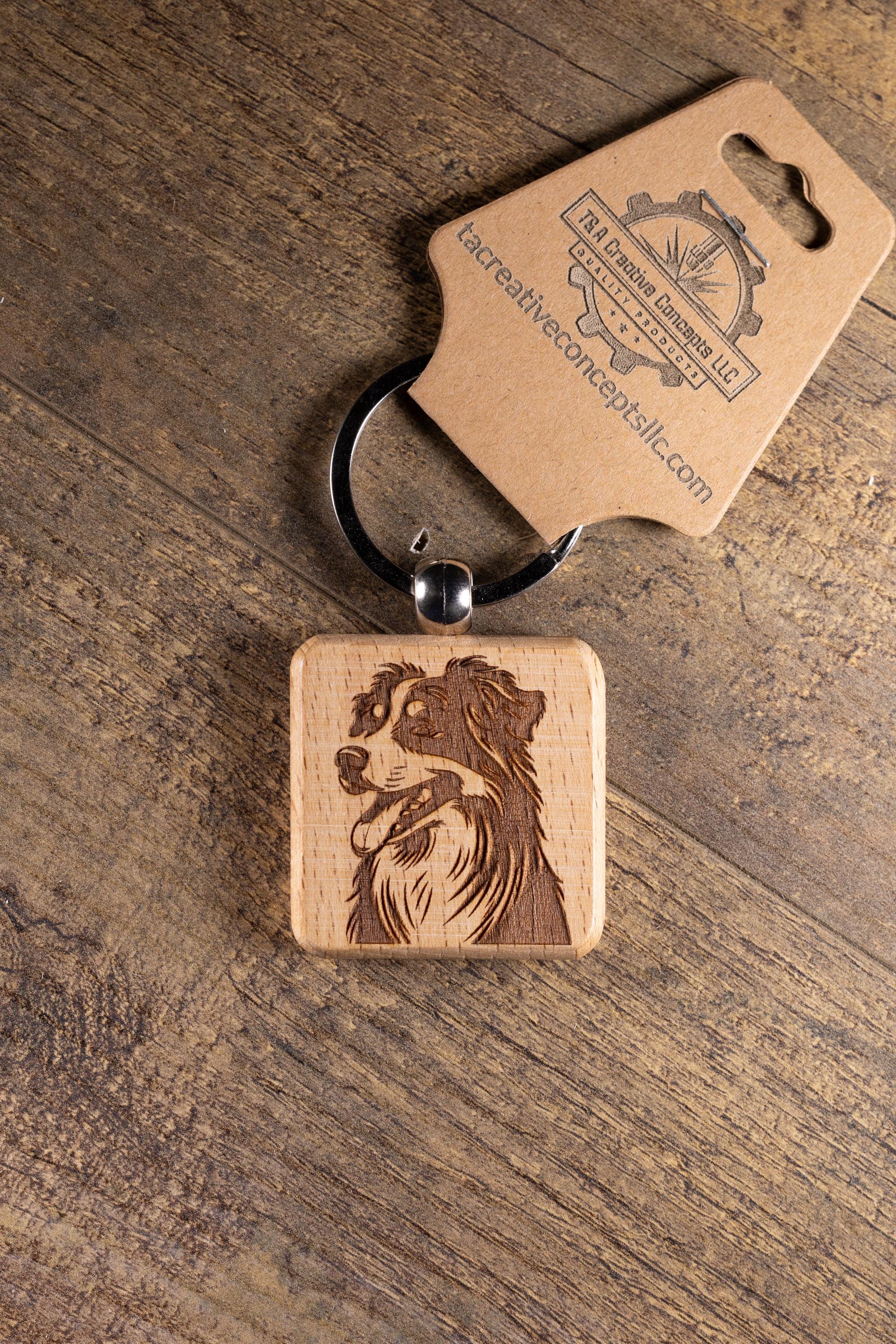Laser Engraved Wood Australian Shepherd Keychain / Bag Charm – Hardwood with Stainless Hardware – Dog Lover Gift