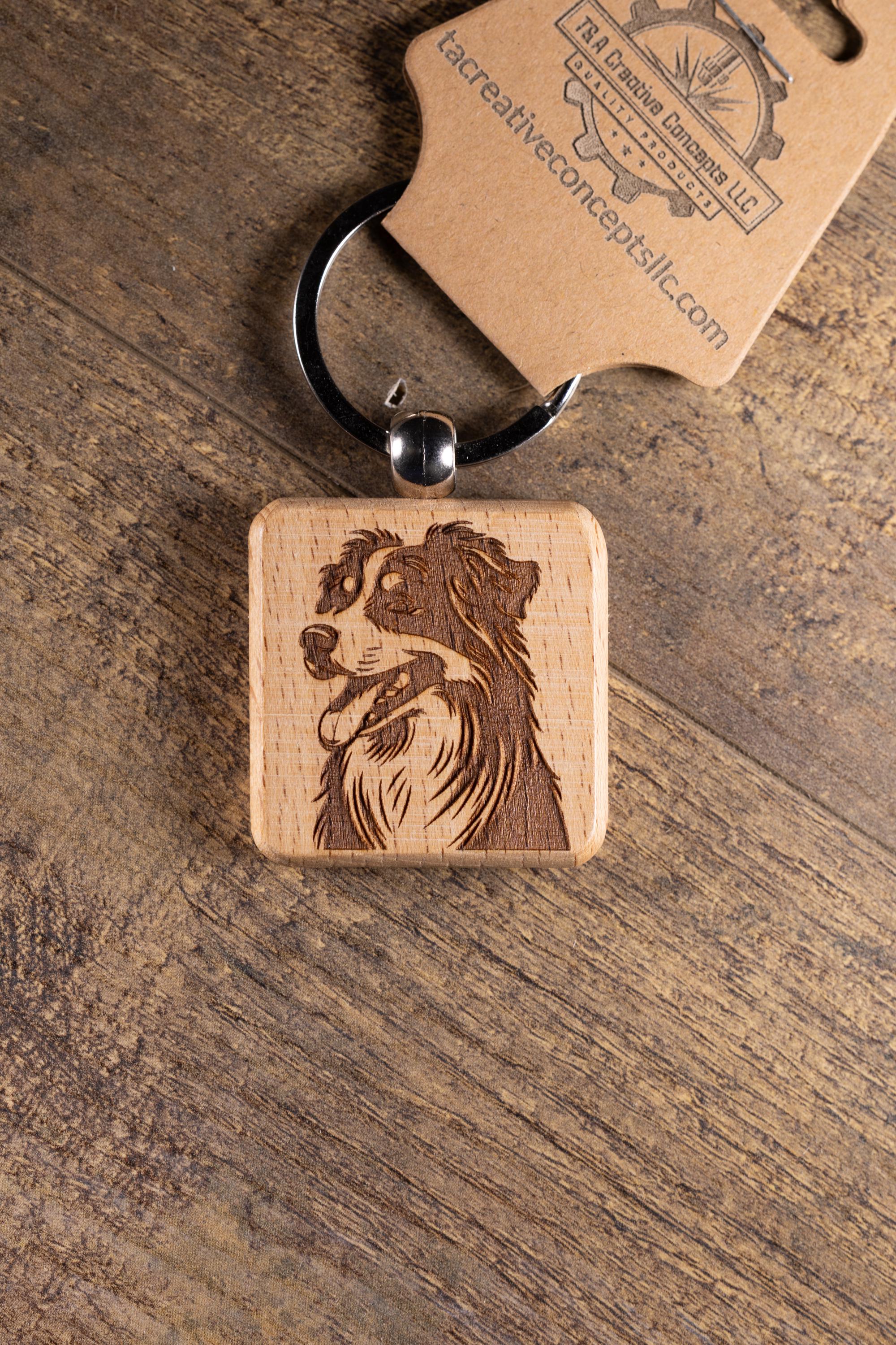 Laser Engraved Wood Australian Shepherd Keychain / Bag Charm – Hardwood with Stainless Hardware – Dog Lover Gift