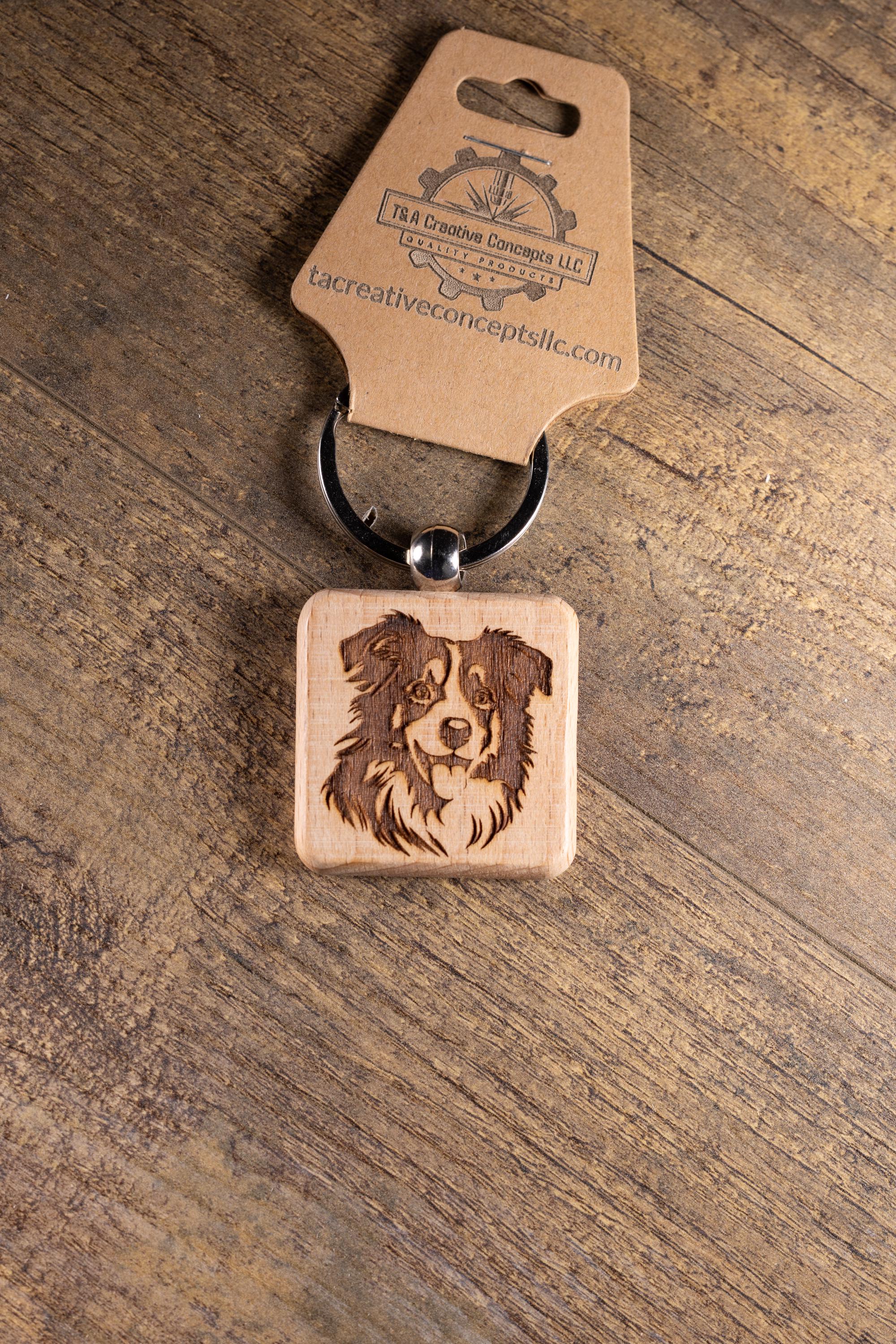 Laser Engraved Wood Australian Shepherd Keychain / Bag Charm – Hardwood with Stainless Hardware – Dog Lover Gift