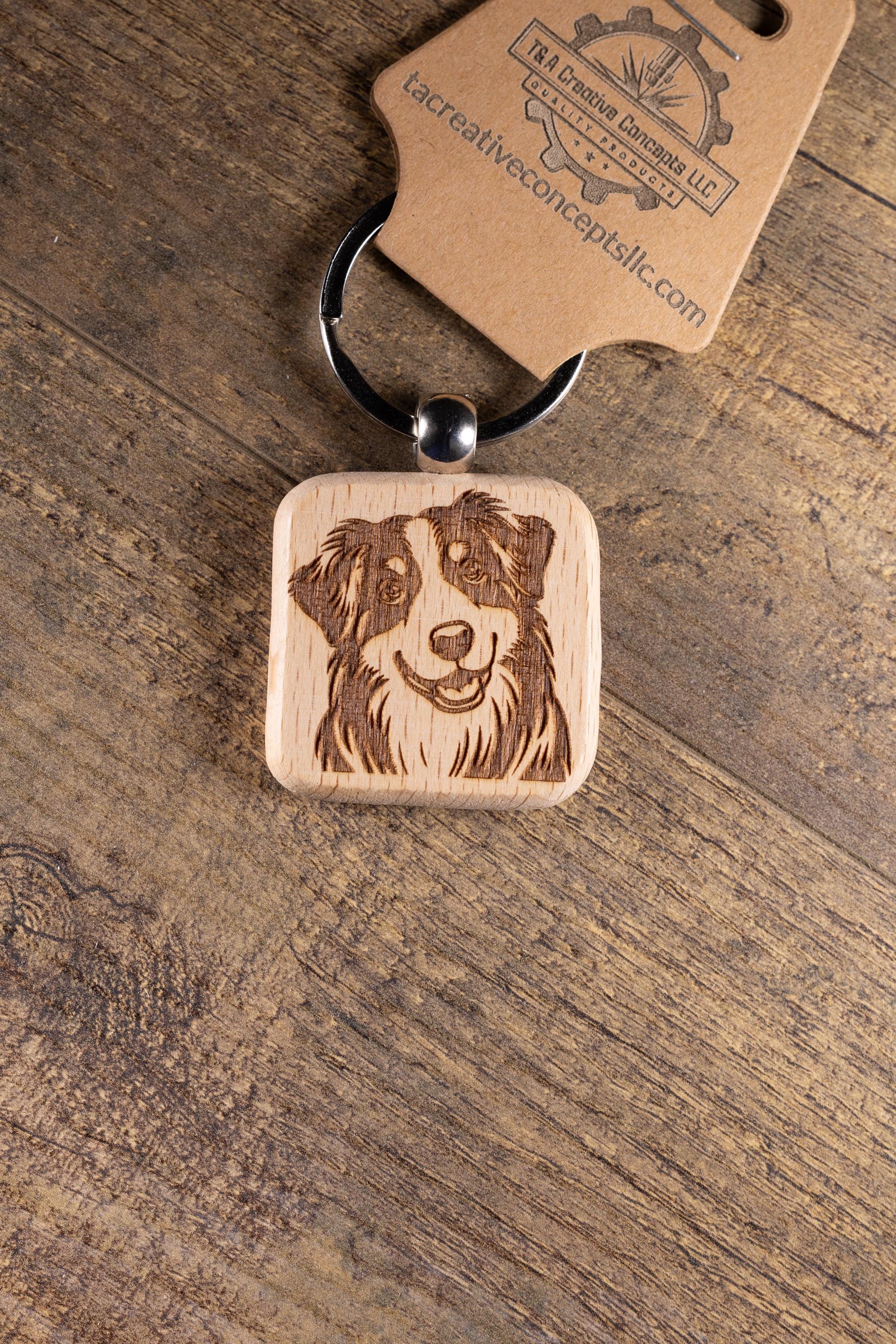 Laser Engraved Wood Australian Shepherd Keychain / Bag Charm – Hardwood with Stainless Hardware – Dog Lover Gift