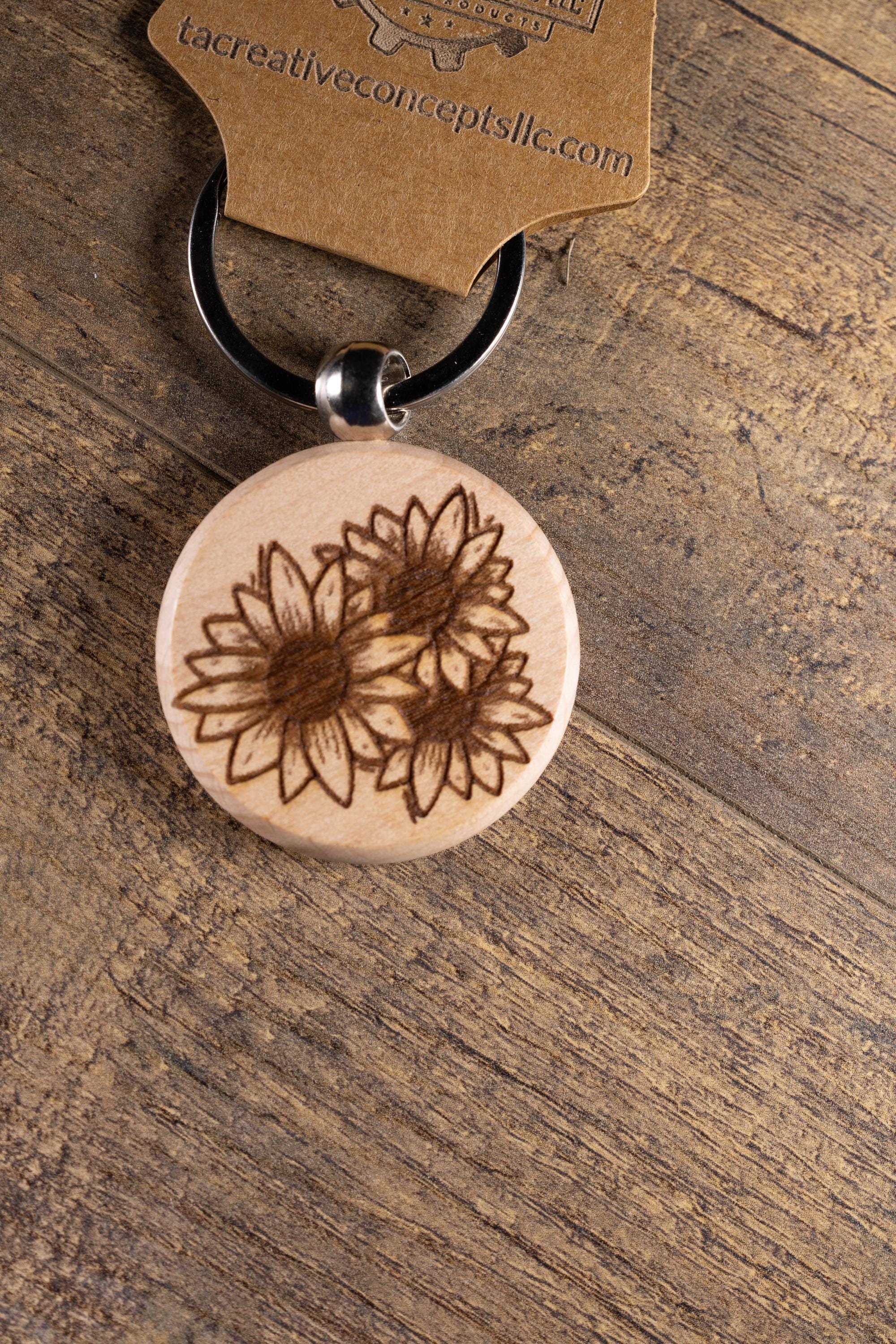 Laser Engraved Wood Sunflower Keychain / Bag Charm – Hardwood with Stainless Hardware – Flower Lover Gift