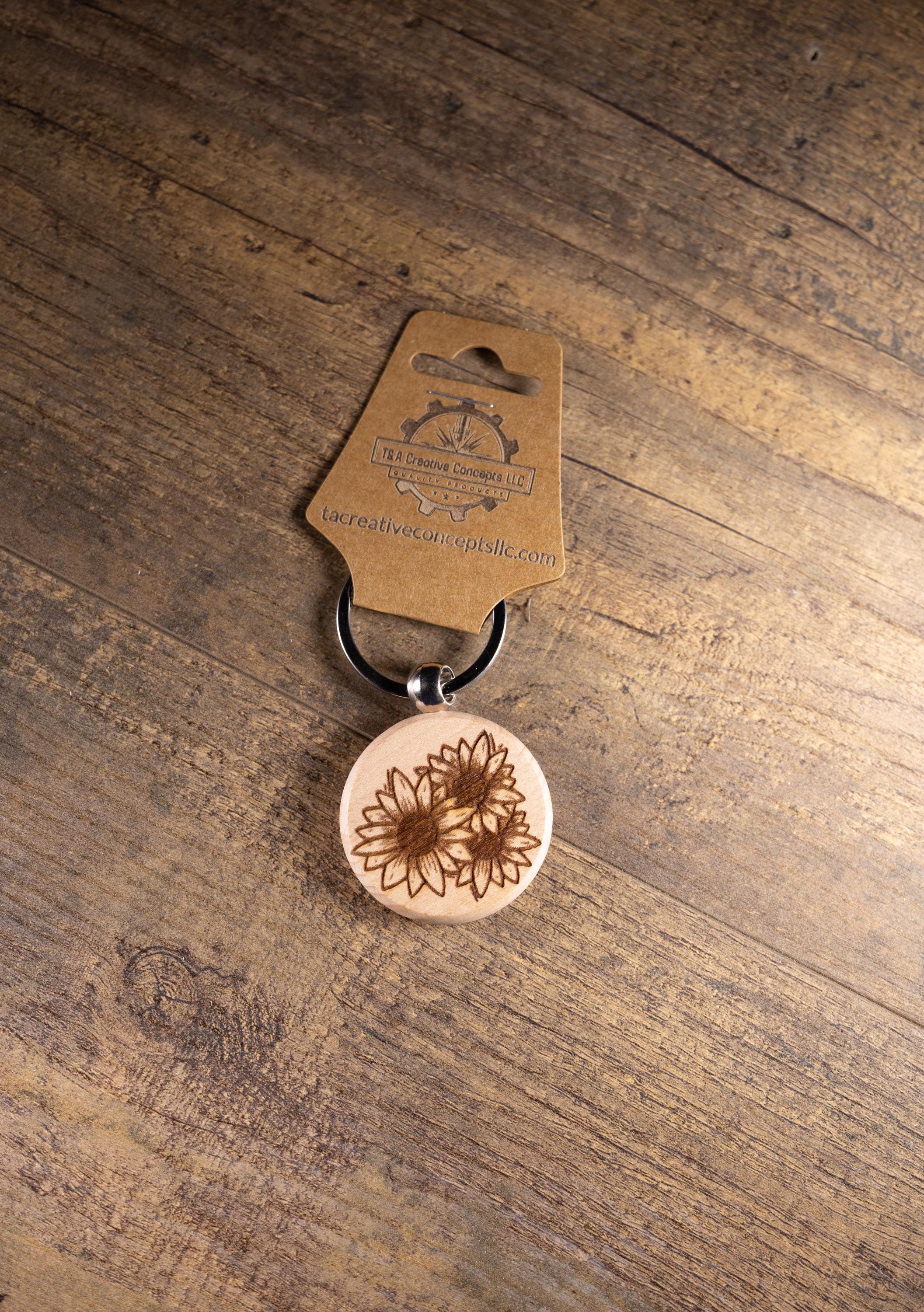 Laser Engraved Wood Sunflower Keychain / Bag Charm – Hardwood with Stainless Hardware – Flower Lover Gift