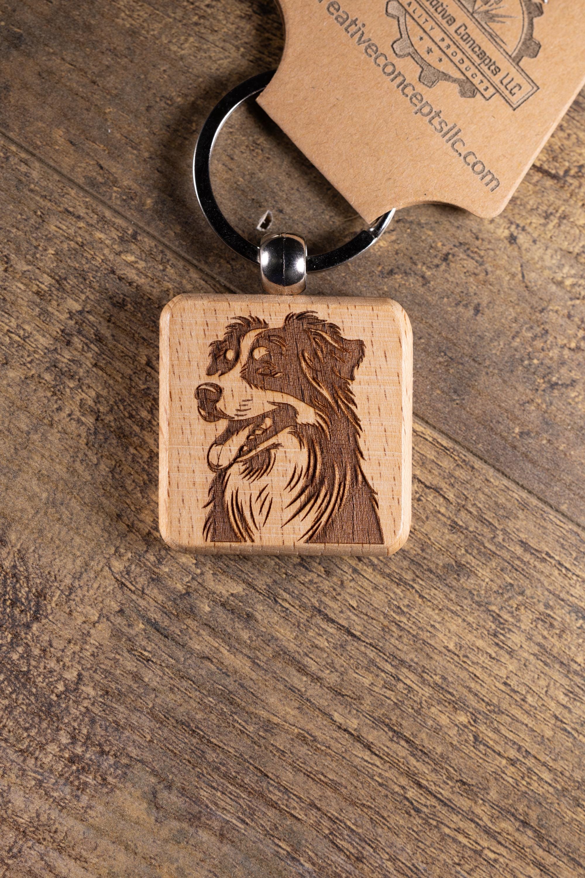 Laser Engraved Wood Australian Shepherd Keychain / Bag Charm – Hardwood with Stainless Hardware – Dog Lover Gift